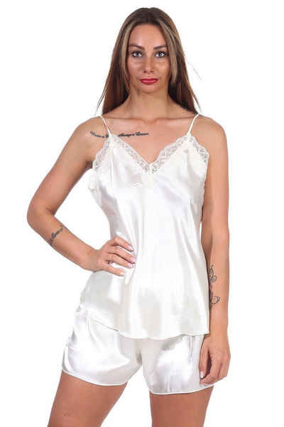 EloModa Capri-Pyjama Damen Satin Nachtwäsche Pyjama Set Shorty mit Spitze; S M L XL 2XL (2 tlg) Satin