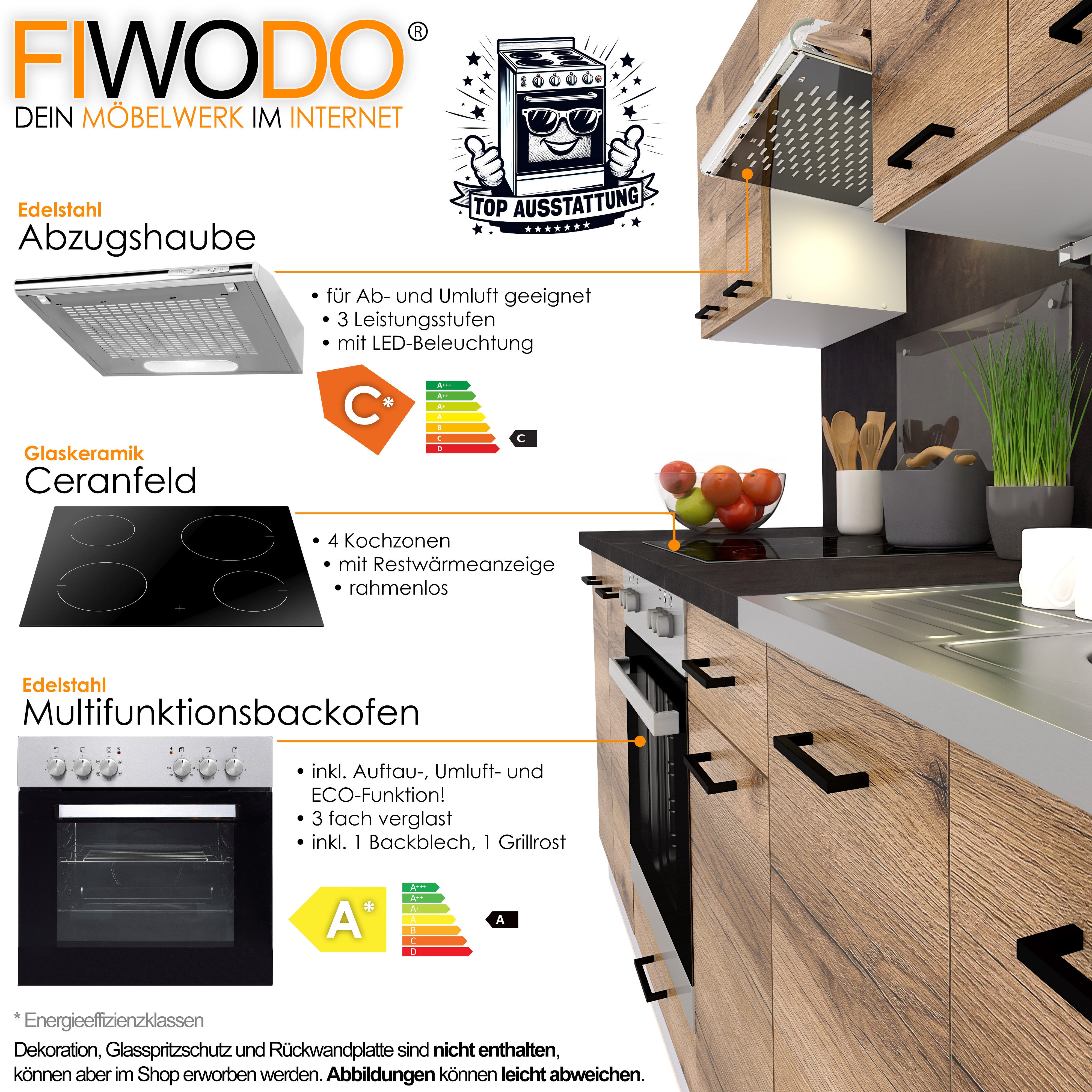 FIWODO.de - Votre magasin de meubles en ligne : Cuisine, kitchenette 240 cm avec électroménager, évier et plan de travail (ensemble), largeur 240 cm, avec évier, avec plan de travail