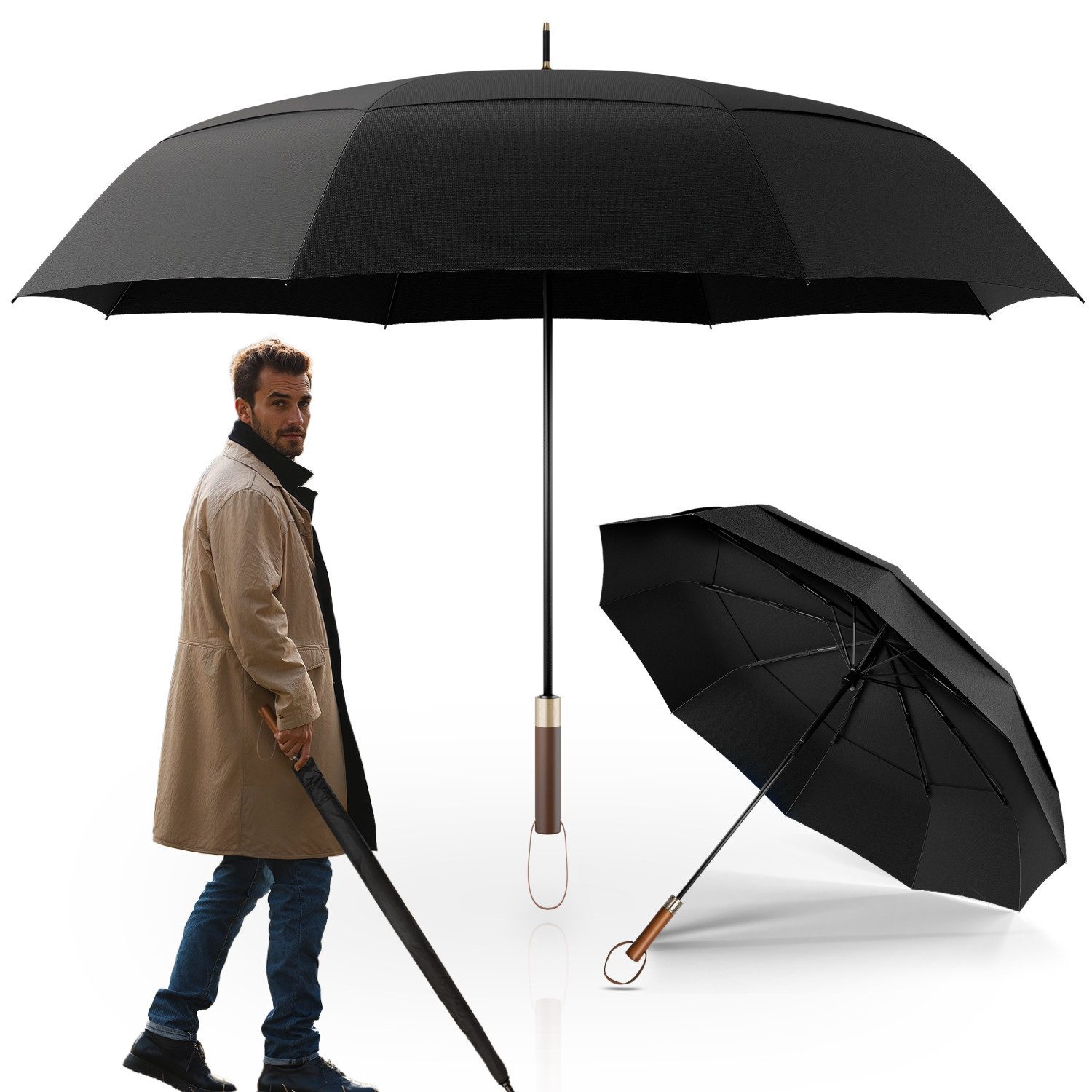 Logan & Barnes Stockregenschirm Chicago, Stockschirm sturmfest [Ø120 cm] mit hochwertigem Echtholzgriff