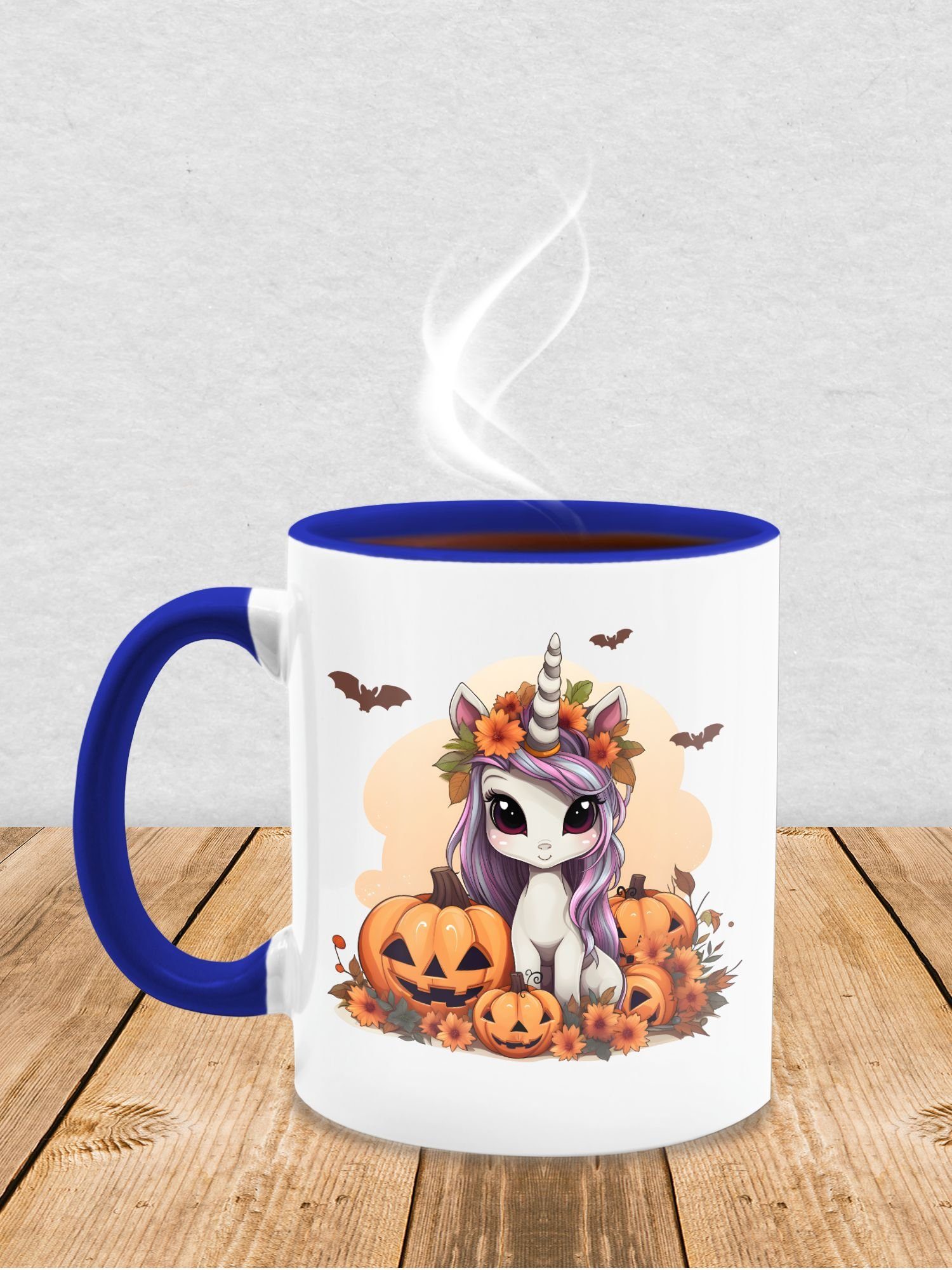 Shirtracer Tasse Süßes Halloween Unicorn Dunkelblau Halloween Einhorn 3 Tassen Kürbis, Keramik