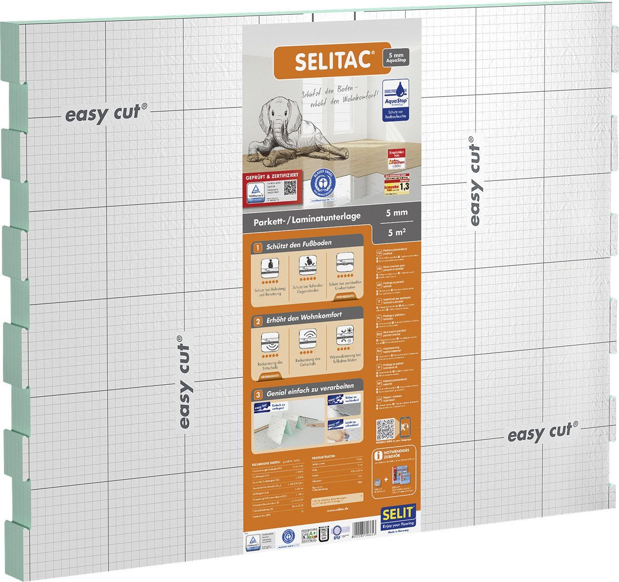 Selitac® Trittschalldämmung für Parkett und Laminat 5 mm 5 m² mit AquaStop günstig online kaufen