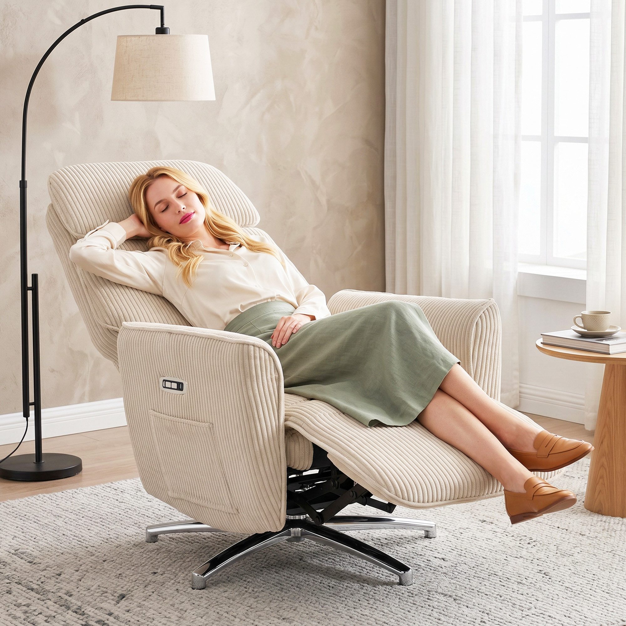 HOMCOM Relaxsessel Elektrisch verstellbarer Fernsessel mit Liegefunktion, 2 Motoren (mit USB-Anschluss, Verstellbarer Kopfstütz und Rückenlehne, 1-St., TV Sessel), für Wohnzimmer, Creme