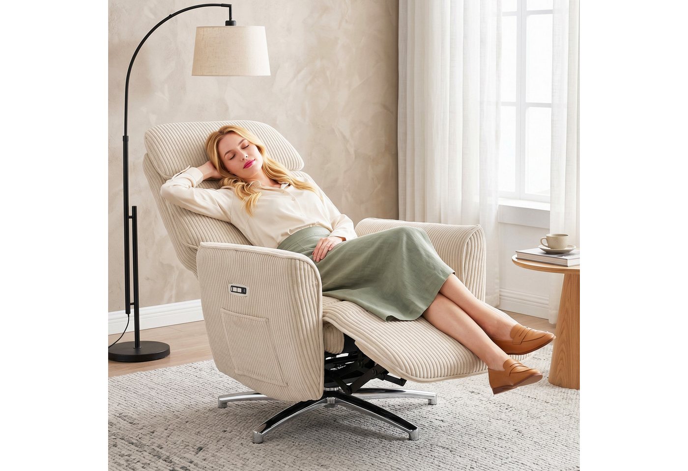 HOMCOM Relaxsessel Elektrisch verstellbarer Fernsessel mit Liegefunktion, 2 Motoren (mit USB-Anschluss, Verstellbarer Kopfstütz und Rückenlehne, 1-St., TV Sessel), für Wohnzimmer, Creme