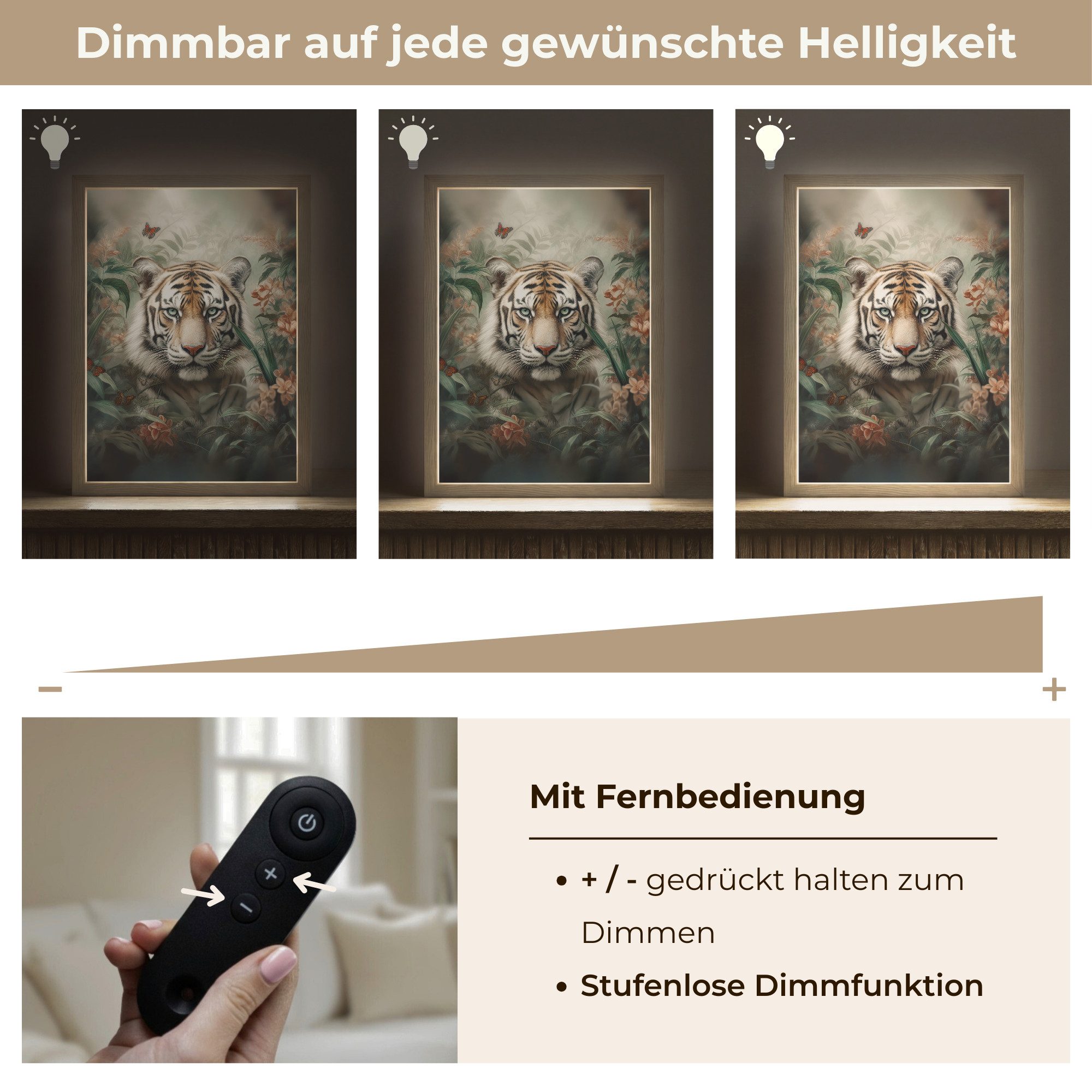 OnlyWow Wandleuchte Lightbox Tiger - Schmetterlinge - Tiere - Dschungel - Blumen, Dimmbar, Farbwechsel, LED, Warmweiß, Kaltweiß, Neutralweiß Einstellbar, Wandlampe Innen, Dimmbar, Aufladbarer USB Akku, LED, Beleuchtung