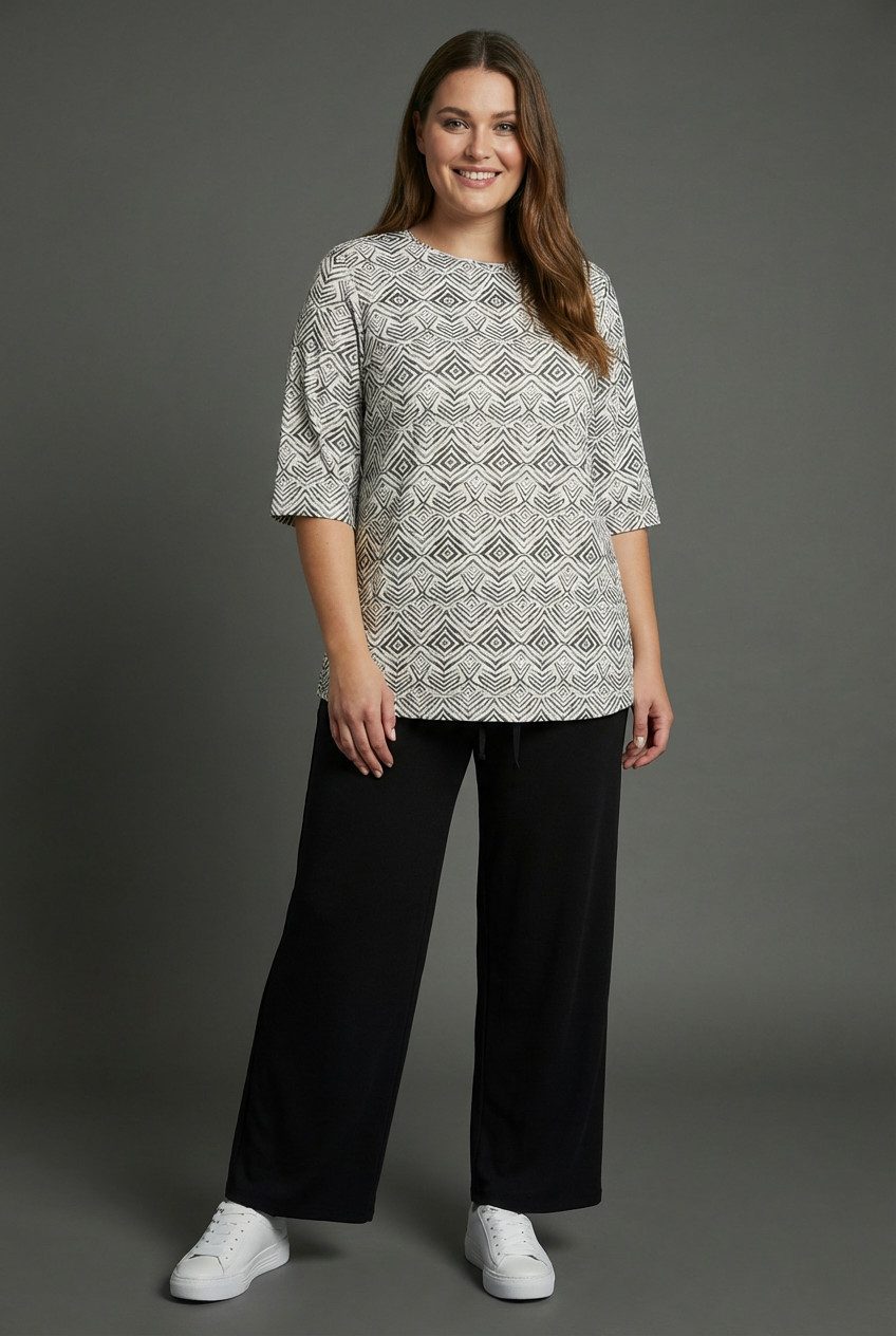 Laura Scott CURVE Anzug (Set, Shirt + Hose) für Frühling und Sommer, figurumspielend, mit 3/4-Ärmeln, bedruckt