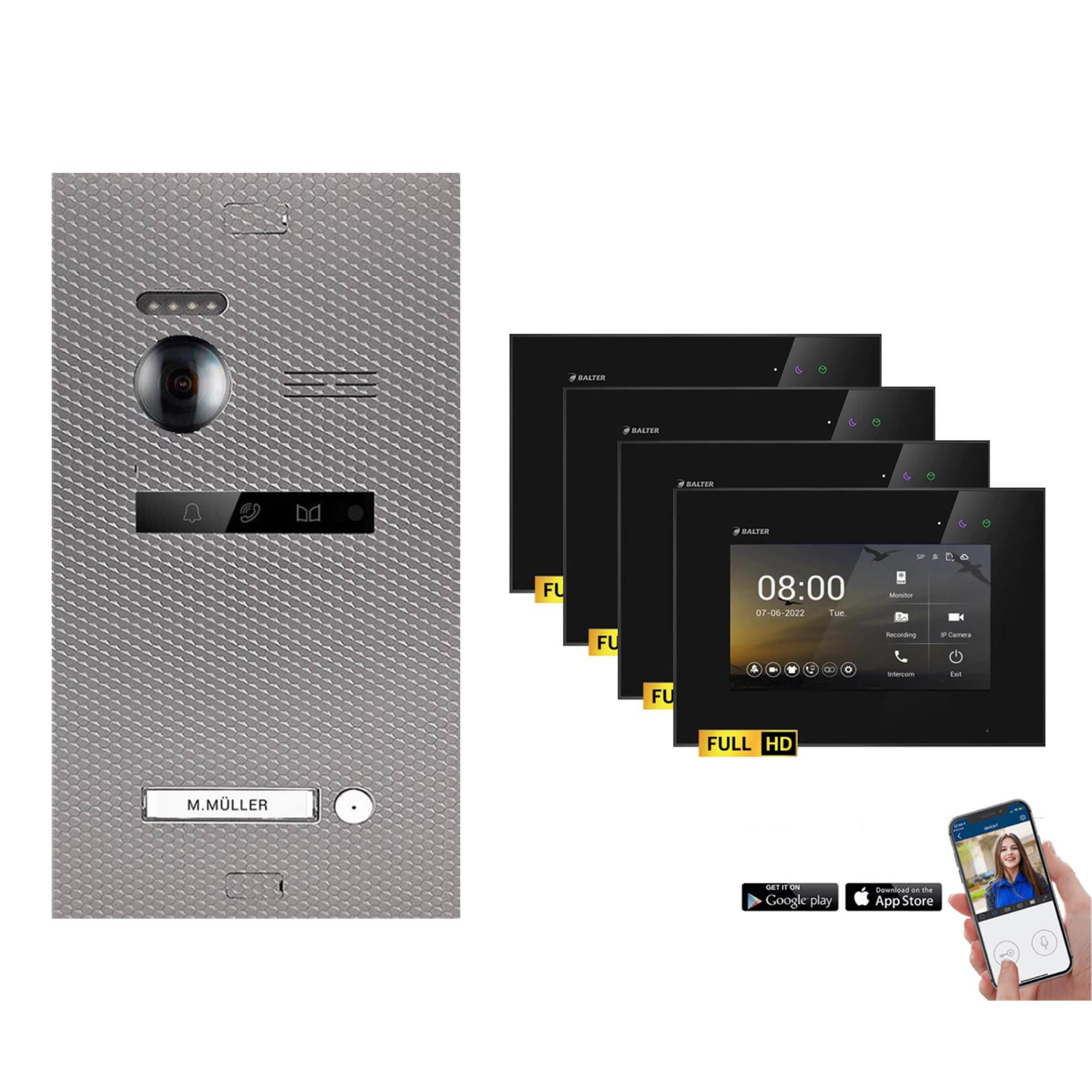 Balter Video-Türsprechanlage EVO-HD Komplettset 1-Familie Karbon-Silver 4x 7" WLAN Monitore Schwarz (Set, 1-Familienhaus, Komplettset, FullHD Kamera, mit App)