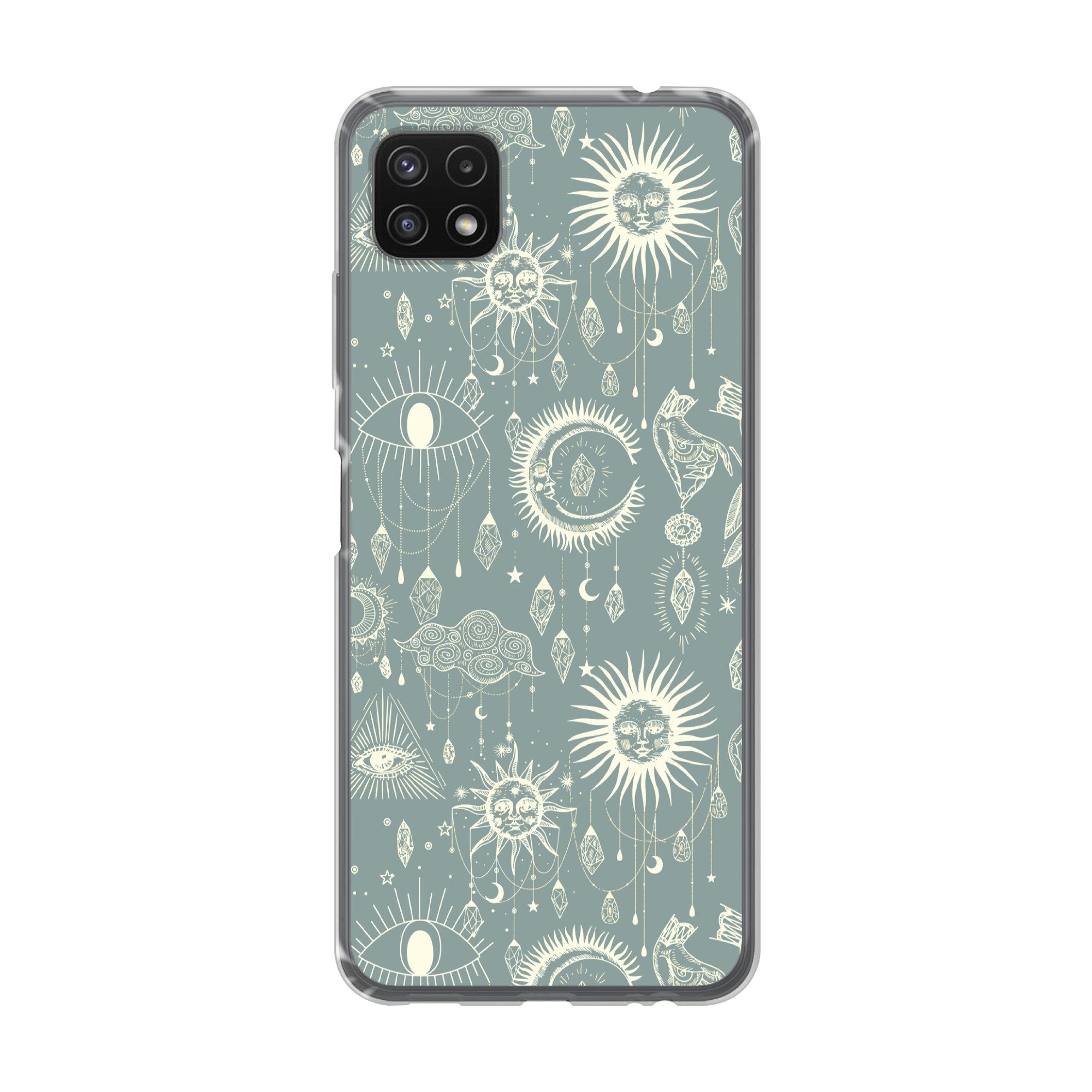 MuchoWow Handyhülle für Samsung Galaxy A22 5G Boho - Druck - Blau - Sonne - Augen - Zen, Smartphone-Bumper, Print, Handy Schutzhülle Dünn