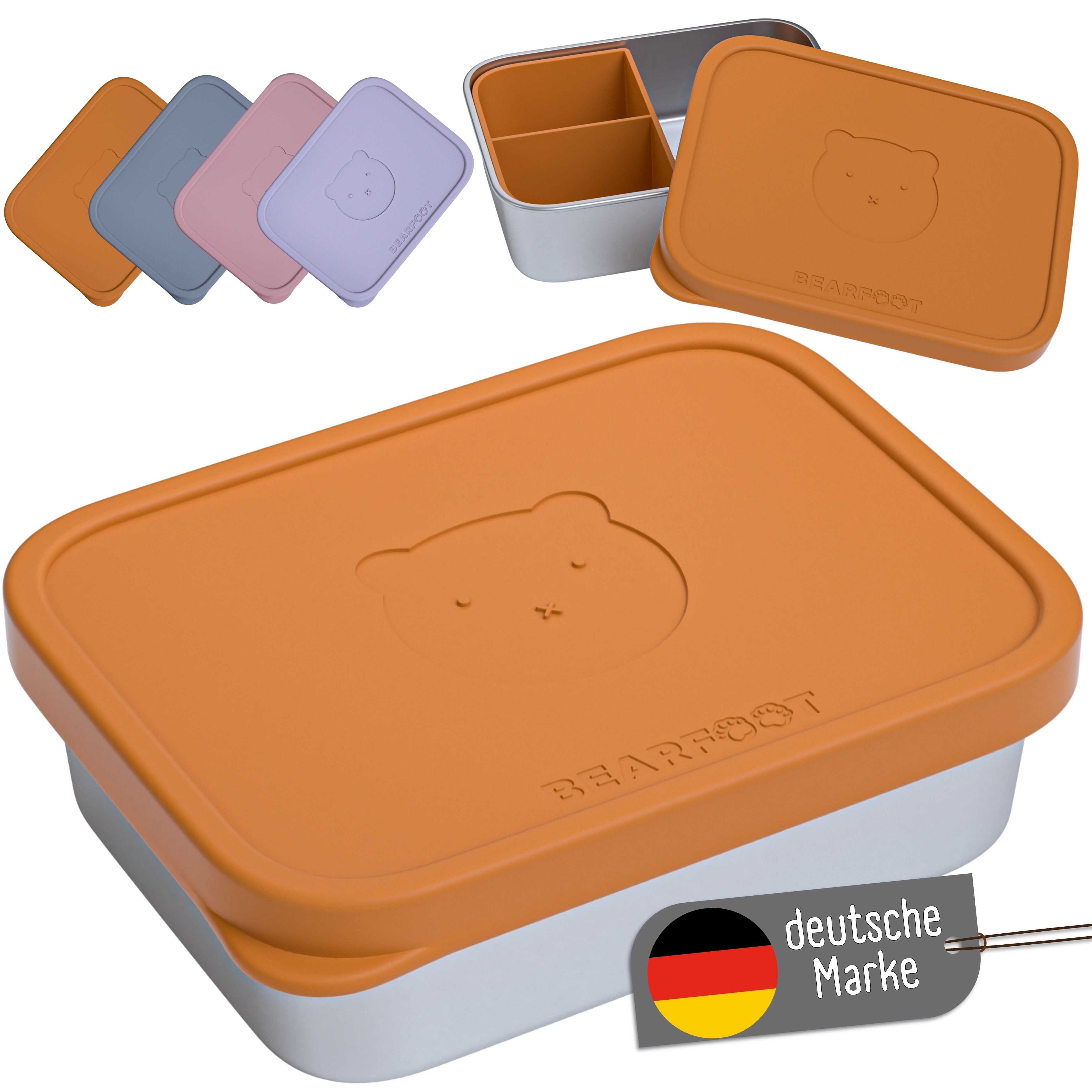 BEARFOOT Lunchbox Brotdose Kinder Edelstahl mit Silikoneinsatz - Braun, Kindergarten und Schule - Mädchen und Jungen, Vesperbox, Snackbox
