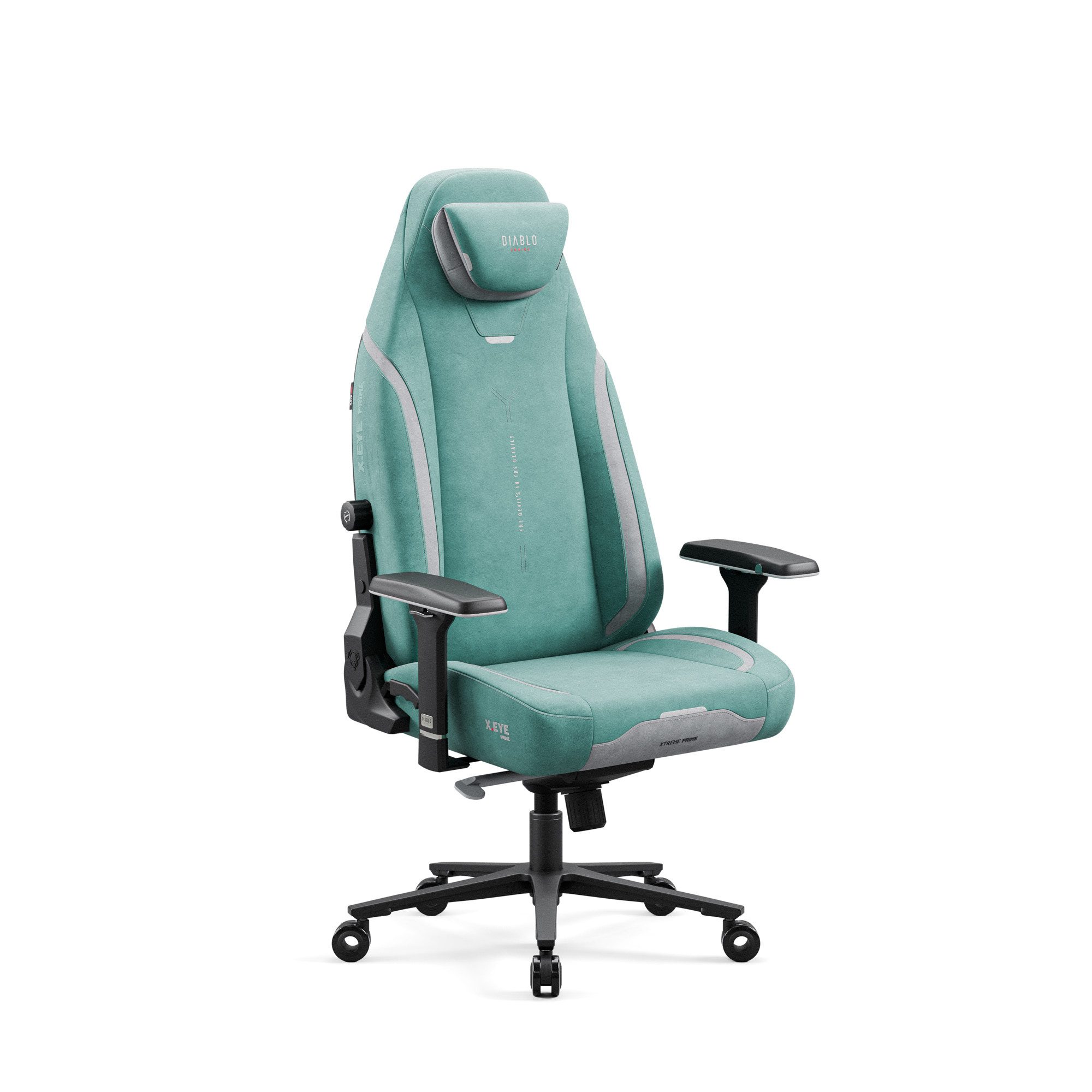 DIABLO CHAIRS Gaming-Stuhl X.Eye Prime Stoff ergonomisch 4D-Armlehnen Metallbasis 140kg (ProSpine Support, Wippmechanik 170°, Klasse-4-Gaslift), Magnet-Kopfstütze CoolComfort GentlePro TiltTech