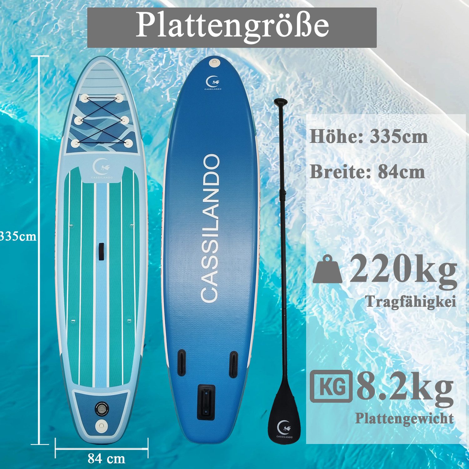 CASSILANDO SUP-Board Aufblasbares SUP-Board 335 x 84 cm mit 220 kg Belastbarkeit, (Set, Hand pumpe, Verstellbares Paddel, Sicherheitsgurt, Reparatursatz, Rucksa – Bild 2 von 5
