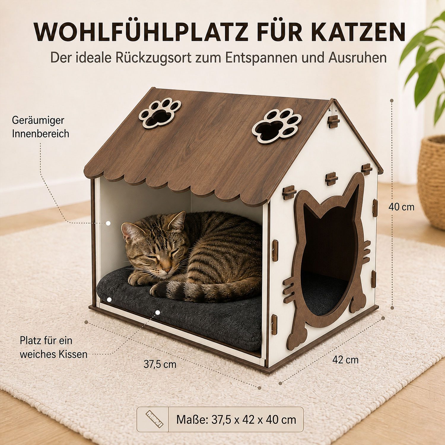 Jungengel Katzenhaus Katzenliege Holz Katzenhöhle Indoor Rückzugsort Katzenbett Katzenhütte, Dach-Stauraum, Stecksystem, 37,5 x 42 x 40 cm, Einfache Montage