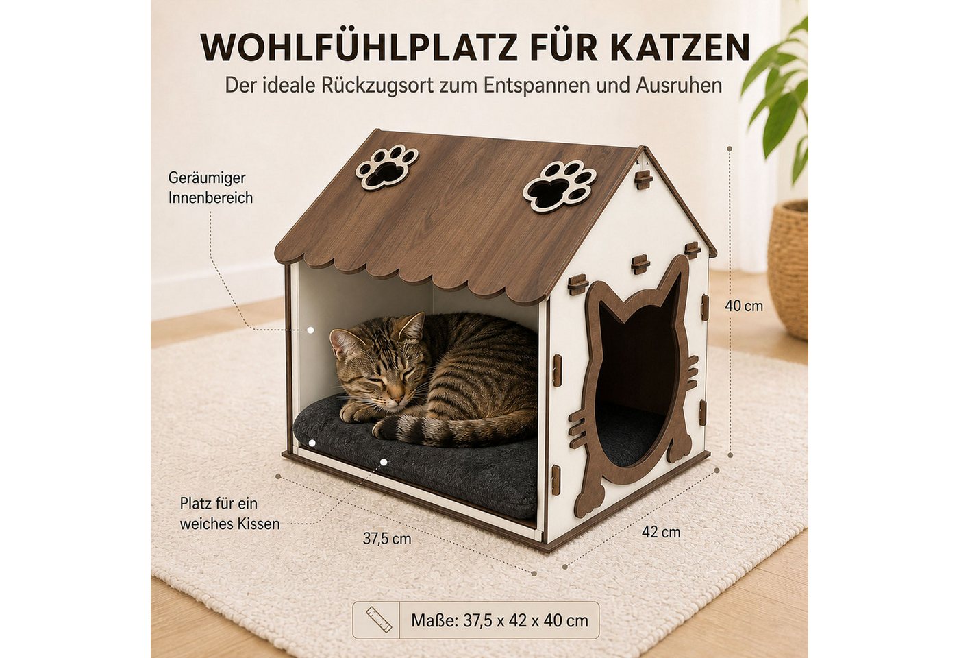 Jungengel Katzenhaus Katzenliege Holz Katzenhöhle Indoor Rückzugsort Katzenbett Katzenhütte, Dach-Stauraum, Stecksystem, 37,5 x 42 x 40 cm, Einfache Montage