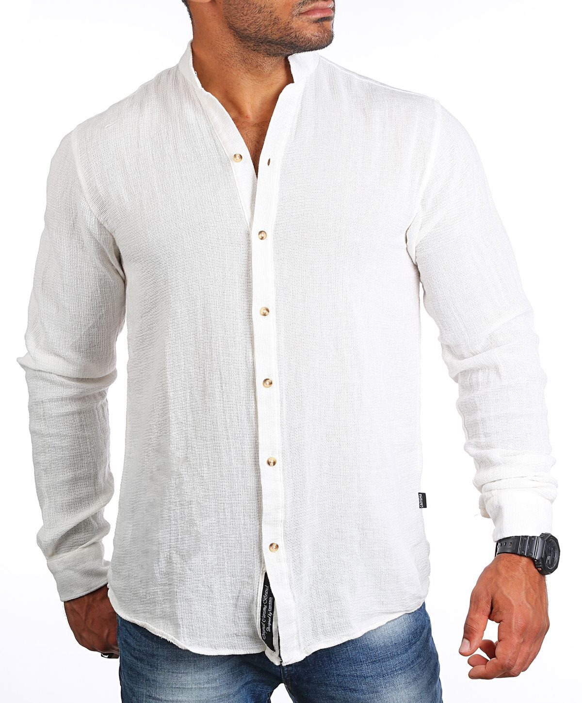 CARISMA Langarmhemd Herren Sommer Hemd trendig luftig grob gewebt retro Look 9171/8567 Regular Langarm Stehkragen Uni