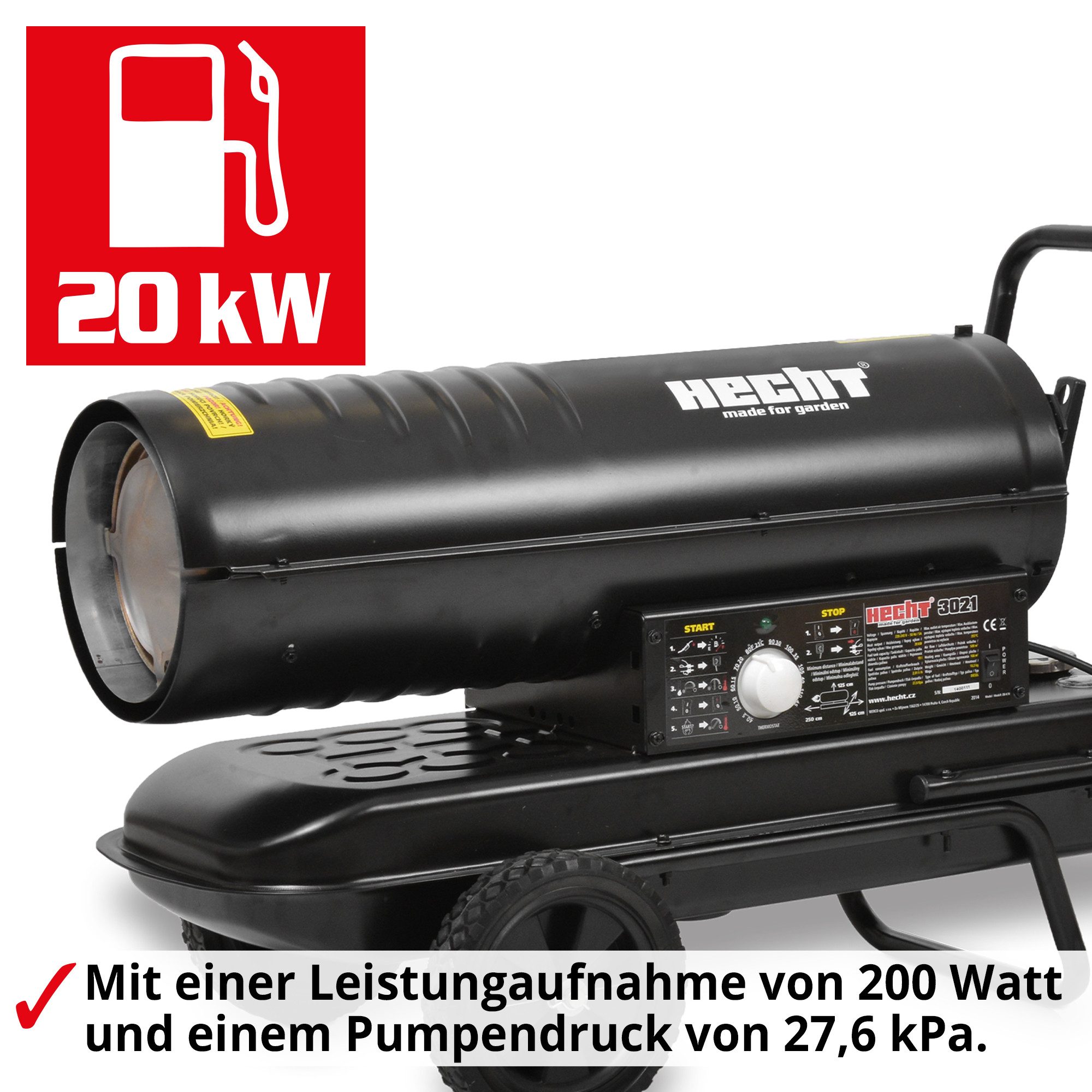 Hecht diesel heater 3021 with chassis, 20 kW, 20000 W, 70000 BTU, 588 m³/h, 393 °C, 27.6 kPa, 19 liters