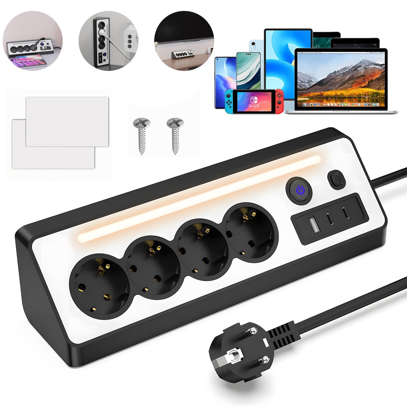 AKKEE Tischsteckdosenleiste, Eck-Steckdosenleiste Mehrfachsteckdose, 4 Fach Mehrfachsteckdose mit USB und 2 Type-C
