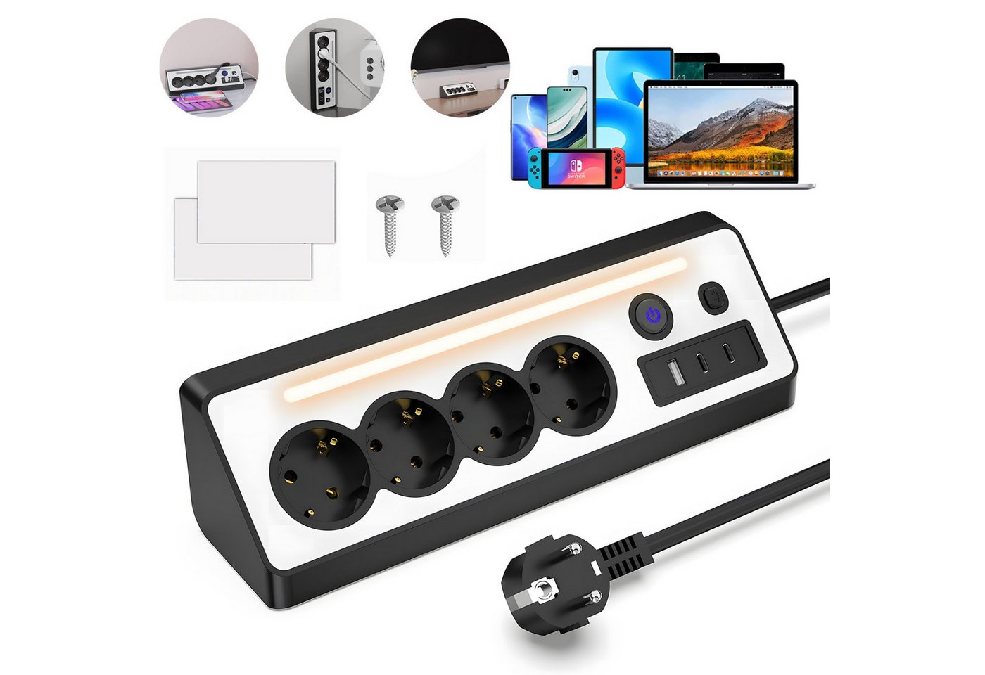 AKKEE Tischsteckdosenleiste, Eck-Steckdosenleiste Mehrfachsteckdose, 4 Fach Mehrfachsteckdose mit USB und 2 Type-C