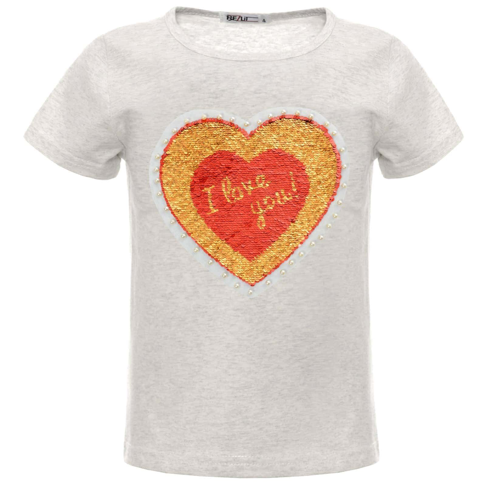 BEZLIT Paillettenshirt Mädchen T-Shirt Wende Pailletten Herz Motiv (1-tlg) mit Wendepailletten, mit Kunstperlen Grau