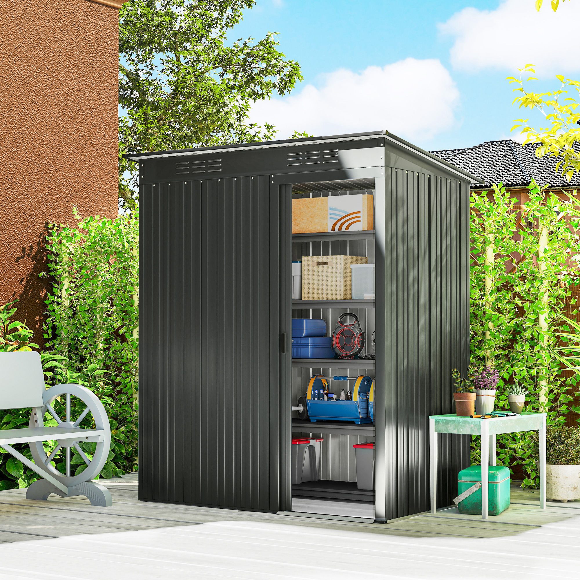 Outsunny Gerätehaus Metall 1,37 m² Geräteschuppen mit müheloser Montage Pultdach, BxT: 159x106 cm, (Geräteschuppen, 1 St., Outdoor Schuppen), für Hinterhof Garten