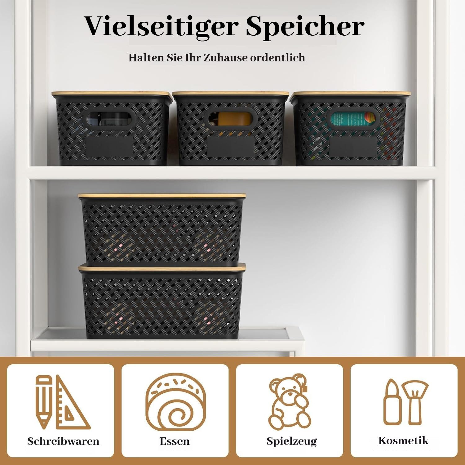BlingBin Aufbewahrungsbox 6er-Set Aufbewahrungskorb mit Bambus Deckel, 5L Kunststoff Korb (6er Set, 6 St., 25,4 × 18,4 × 10,7 cm), Küchen Aufbewahrungsboxen für Regale, Schränke, Schränke und Zuhause