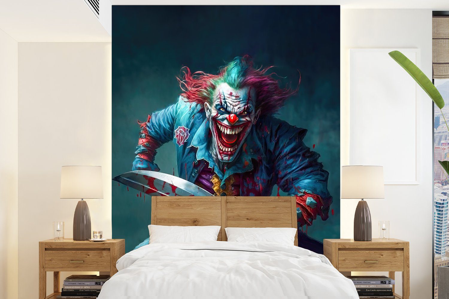MuchoWow Fototapete Clown - Horror - Messer - Kleidung - Porträt, Matt, bedruckt, (4 St), Montagefertig Vinyl Tapete für Wohnzimmer, Wandtapete
