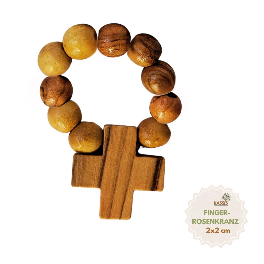 Kassis Geschenkartikel Fingerring Olivenholz Fingerrosenkranz mit Kreuz aus Bethlehem Talisman, Handgefertigt in Bethlehem, Geschenk zu Kommunion Taufe Firmung