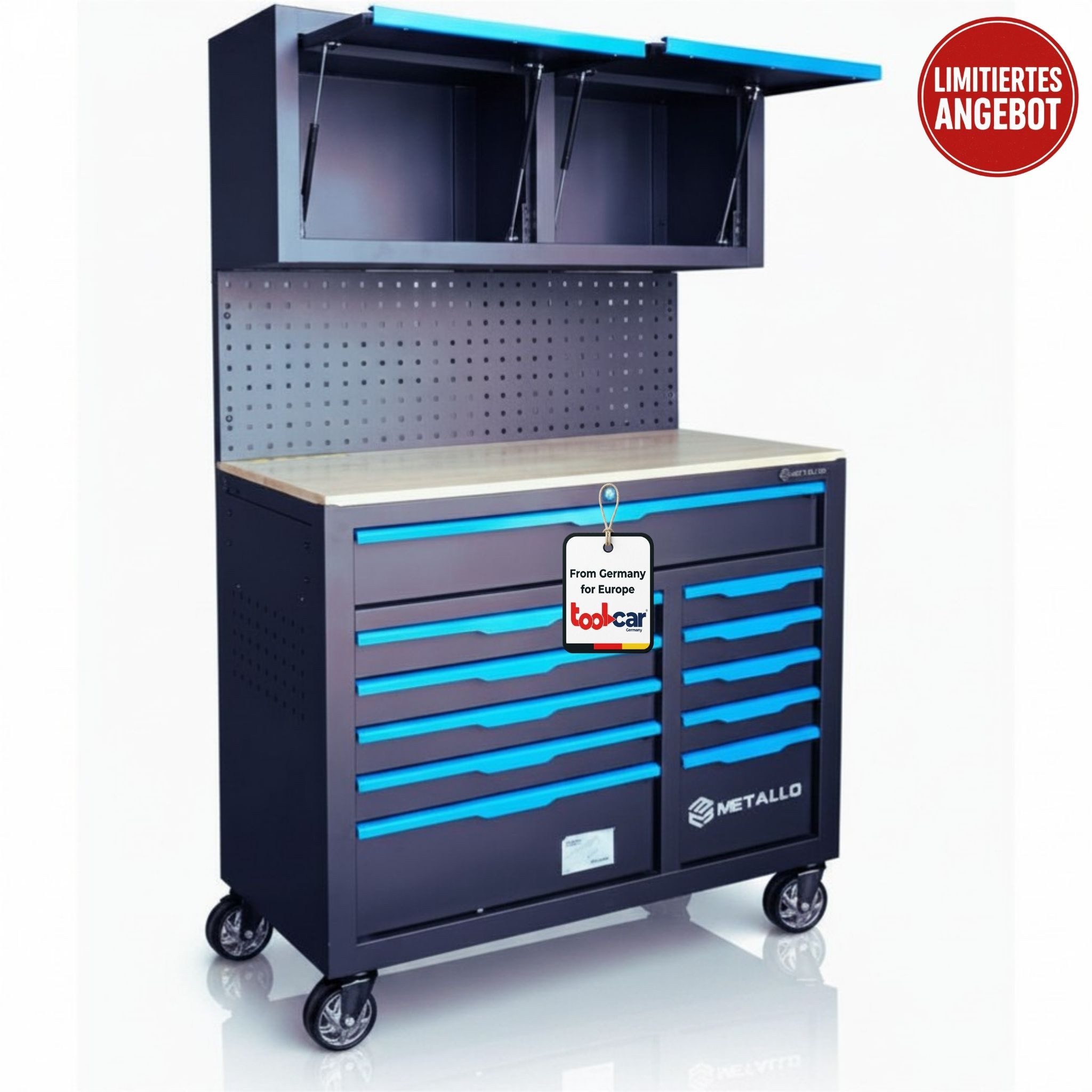 Toolcar Werkzeugwagen Werkstattwagen & Werkzeugwagen bestückt mit Werkbank für KFZ-Werkzeug, 2-Fach Oberschrank mit Rollen, Schubladenschrank Werkzeugschrank Werkzeugaufbewahrung, max. Traglast:50 kg, 150-tlg. Werkzeugset, (Mobiler Werkstatt-Schrank mit Schubladen aus Metall – rollbarer Arbeitstisch & Werkstatt-Organizer, 150-tlg., Mobiler Schubladenschrank Metall, Arbeitstisch Werkstatt, Tool Trolley), 2-Fach Oberschrank mit Rollen, Schubladenschrank Werkzeugschrank