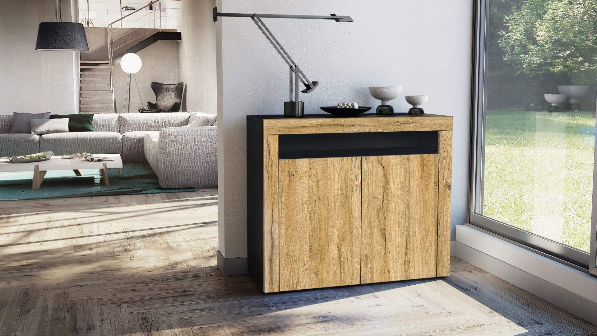 Vladon Kommode Valencia (Kommode, Sideboard mit 2 Türen und 1 offenem Fach), Schwarz matt/Eiche Natur/Eiche Natur (108 x 92 x 40 cm)