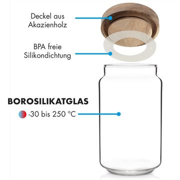 Klarstein Vorratsglas Glaswerk Lovage Vorratsgläser 0,75 1,1 1,5 l, Borosilikatglas,Akazienholz