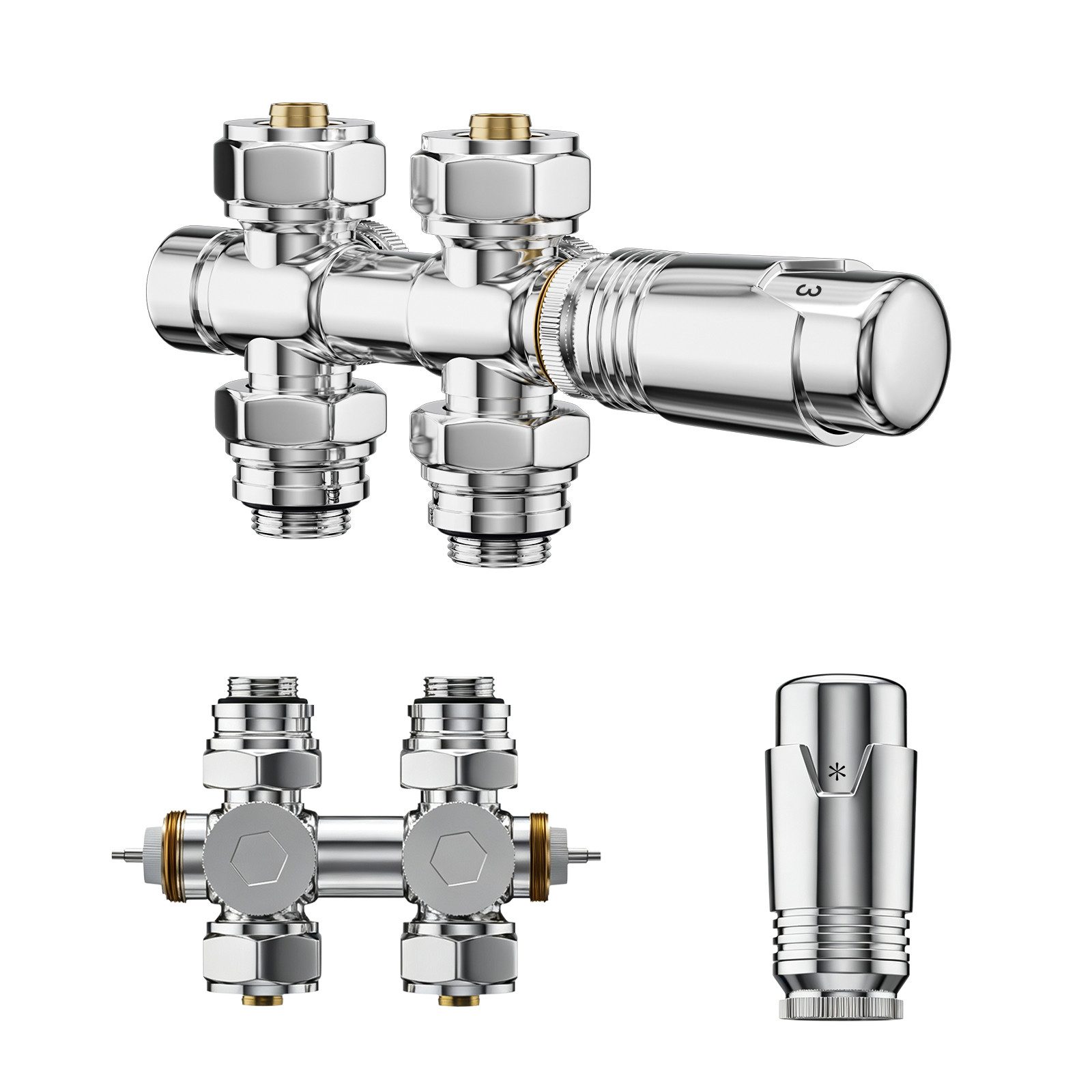 MEYKOERS Heizkörperthermostat Multiblock Set für Heizkörper Messing Anschlussarmatur, (Geeignet für 16 mm Mehrschichtrohre, 1 St., G 1/2", 50mm Anschluss mittig-unten) Eck- und Durchgangsform Anschlussarmatur, Weiß / Anthrazit / Chrom