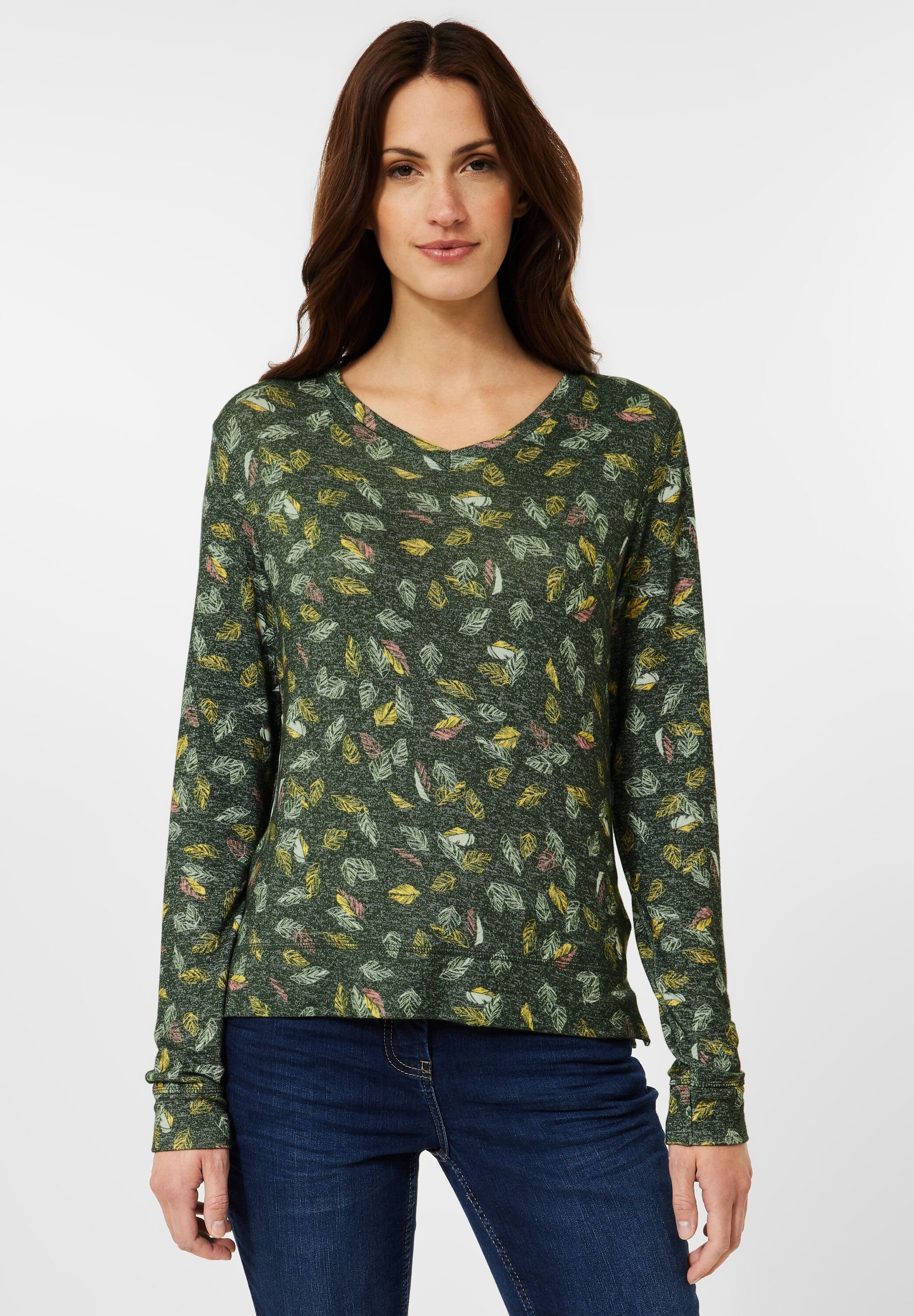 Cecil Langarmshirt aus softem Materialmix pine green melange | V-Shirts