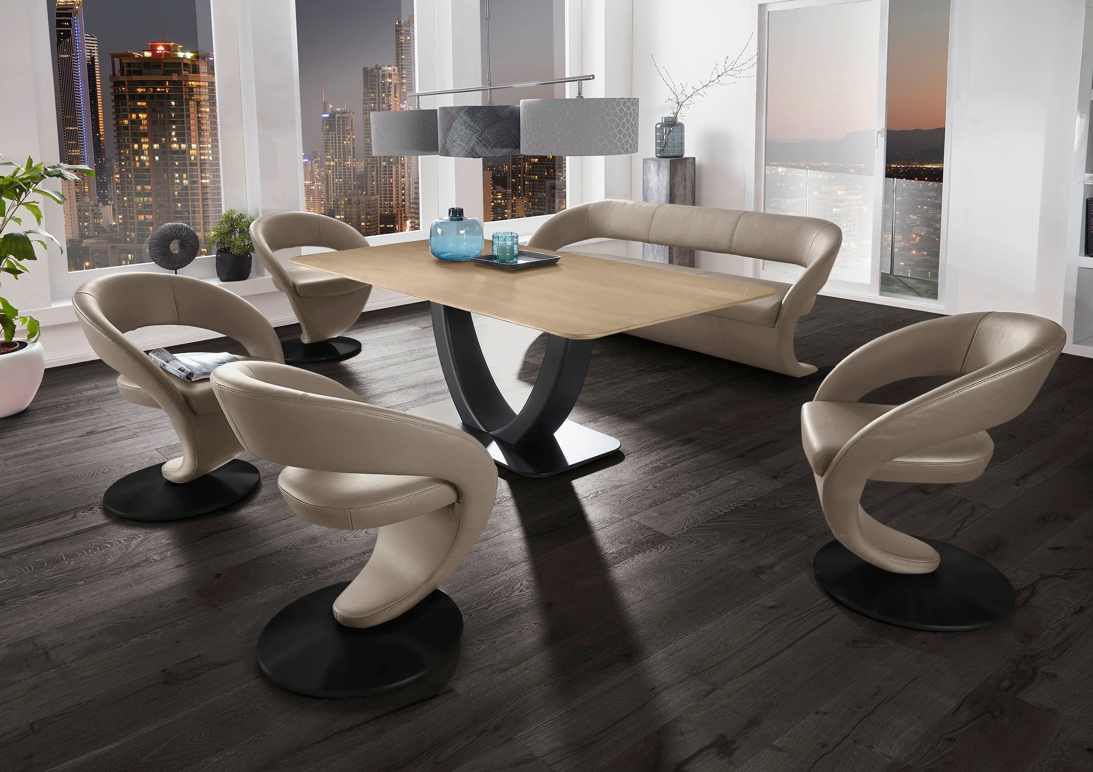 K+W Komfort & Wohnen Essgruppe Wave, (Set), Design-Solobank mit 4 Design-Drehstühlen und Tisch in 180x90cm | Essgruppen