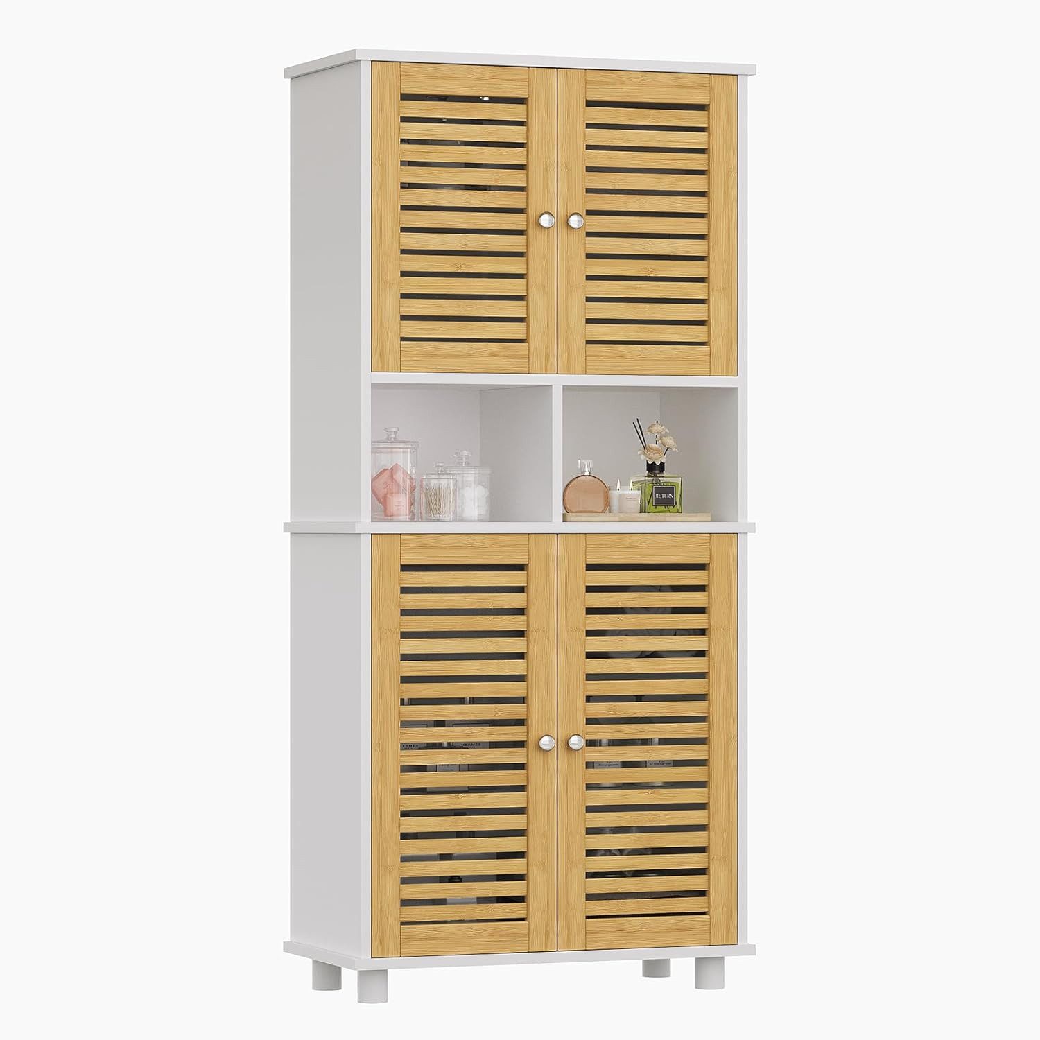 Hochschrank Badezimmerschrank mit 4 Bambustüren und 3 offenen Fächern