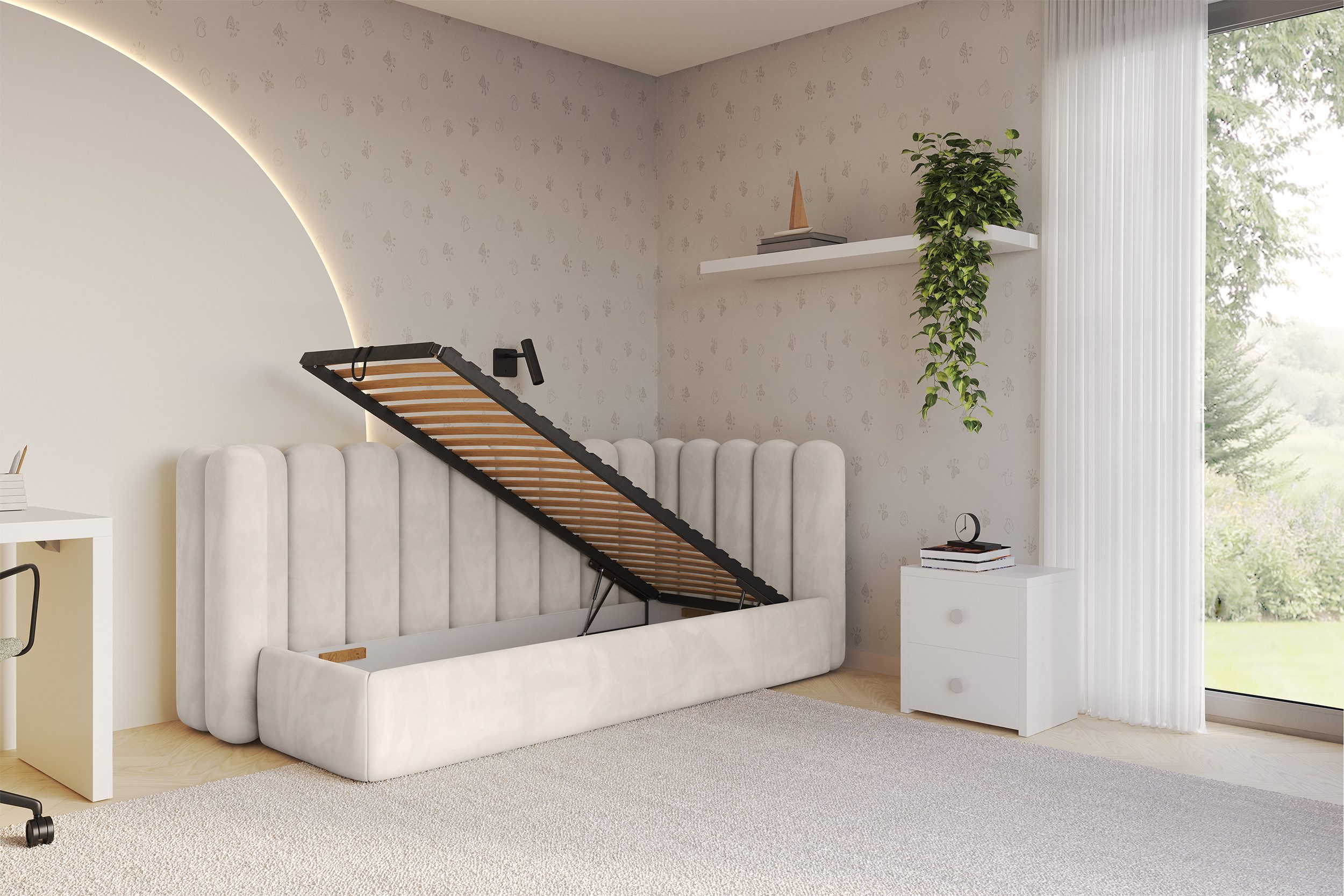 ALTDECOR Jugendbett HUGY (Jugendbett mit Bettkasten und Lattenrost, Polsterbett ohne Matratze), Einzelbett mit Stauraum, Bett mit Kopfteil
