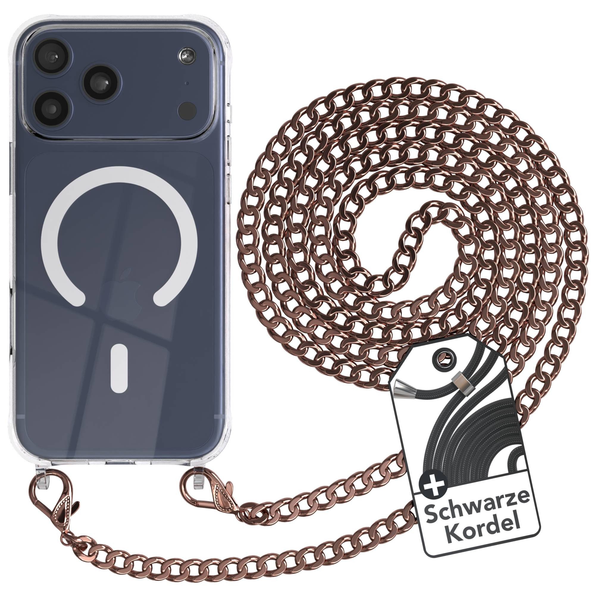 EAZY CASE Handykette Metall MagSafe Hülle für Apple iPhone 17 Pro Max 6,9 Zoll, MagSafe Tasche mit Kette Metallkette Handykette Umhängetasche Rosé