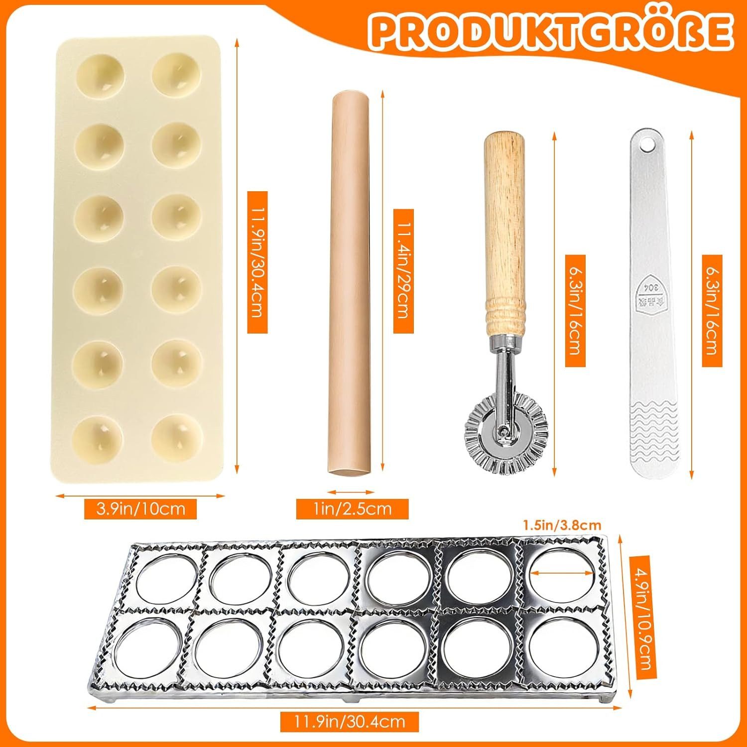 BlingBin Ravioliform Ravioli Maker 5er Set mit Nudelholz, Teigtaschenrad, Fleischspatel, (5er Set 5-tlg), Ravioli Ausstecher aus Aluminium für alle Arten von Teig und Gebäck