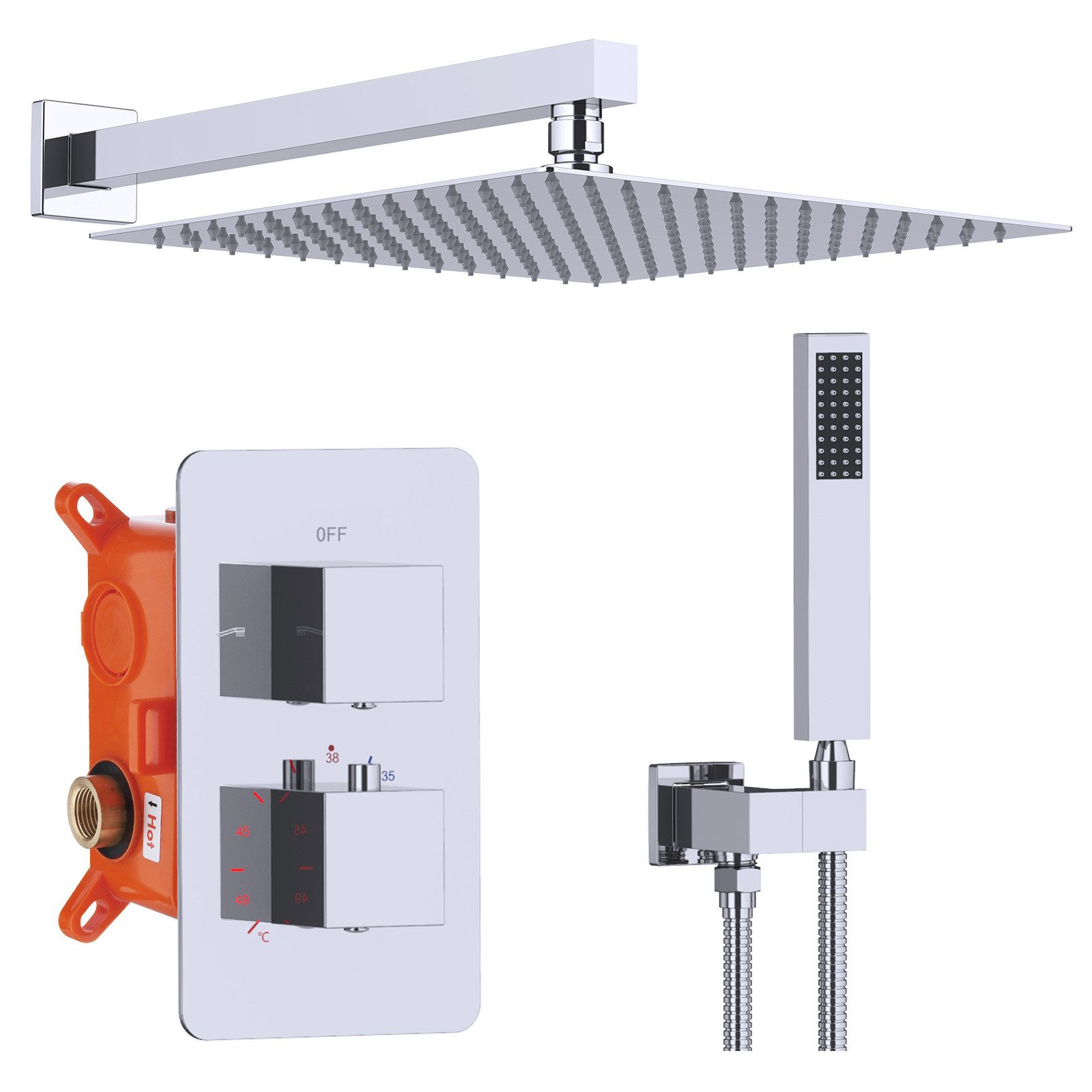 HOMELODY Stangenbrause-Set Unterputz Duscharmatur Multifunktion Duschsystem 38℃ Thermostat, Duschset mit Hochdruck Duschkopf, Regendusche Dusche, Messing