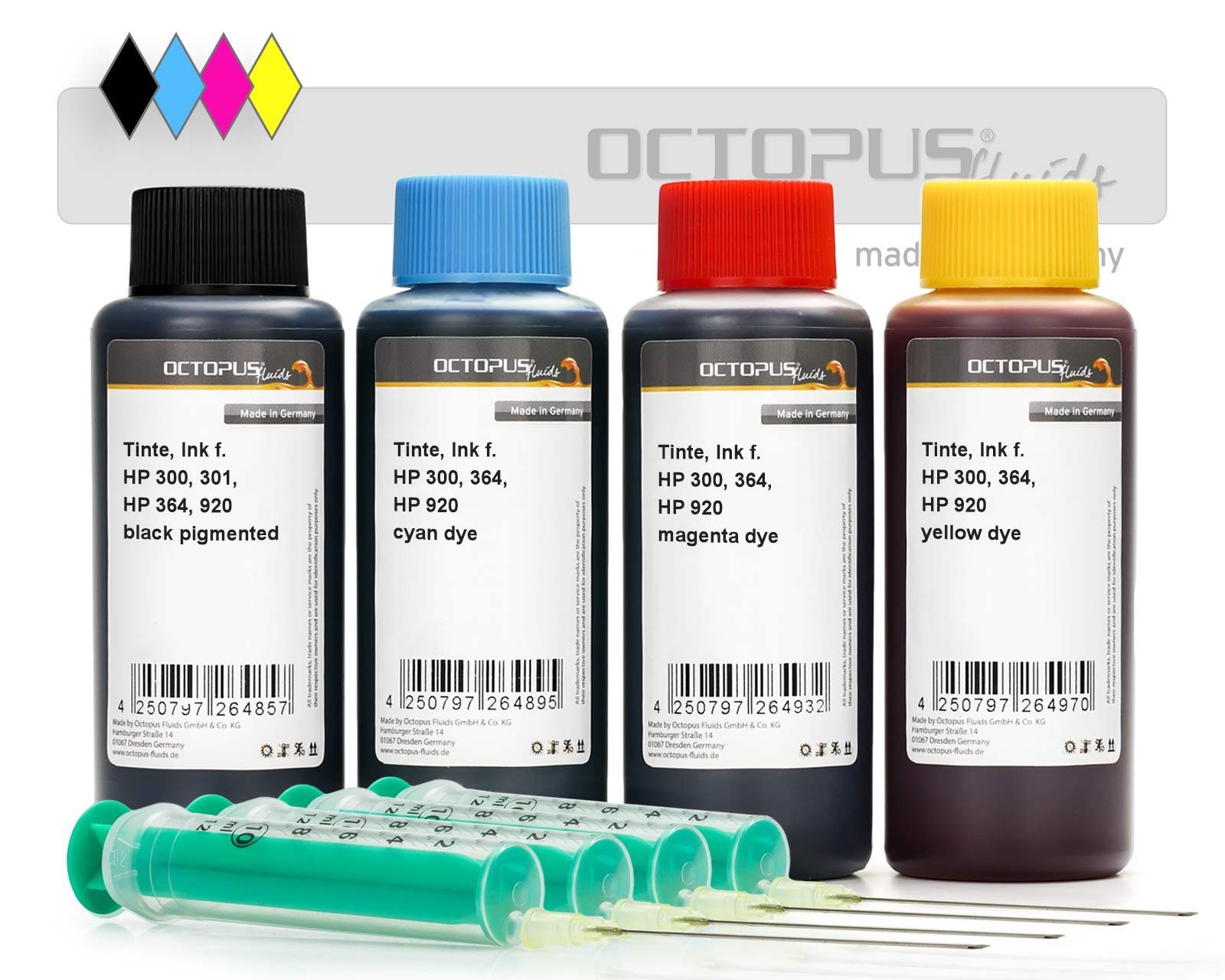 OCTOPUS Fluids Druckertinten Set für HP 300, HP 364, HP 920 vier Farben Nachfülltinte (für HP, Spar-Set, x)