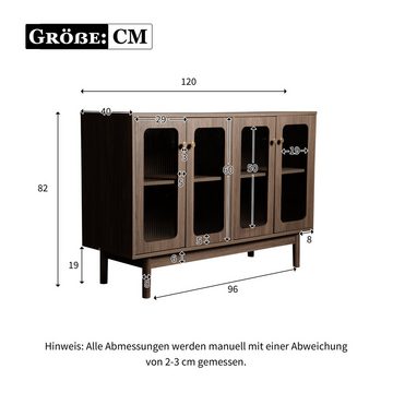 HAUSS SPLOE Sideboard 120x40x82cm mit 4 Glastüren, vertikalen Streifen für Wohnzimmer Braun