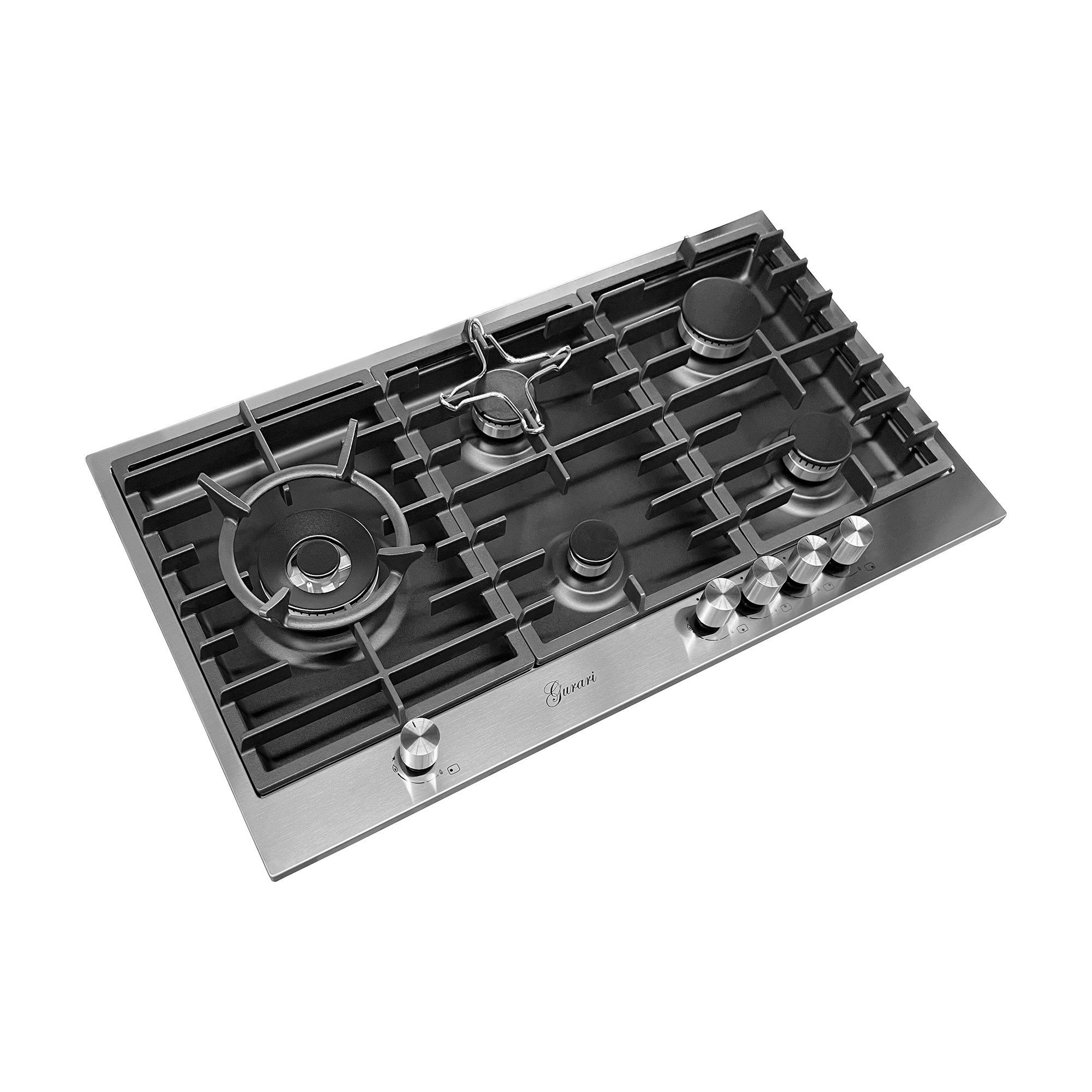 GURARI Gas-Kochfeld GCH TY 905+Kaffeadapter, 90 cm, Edelstahl- Schwarz Emaliert, 4,0 kW WOK, 5 Gasbrenner,Erdgas, FL.Gas