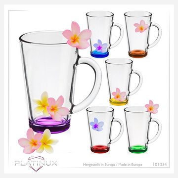 PLATINUX Latte-Macchiato-Glas Bunte Kaffeegläser, Glas, mit Griff 360ml Set 6 Teilig Mehrfarbig Teegläser Trinkglas