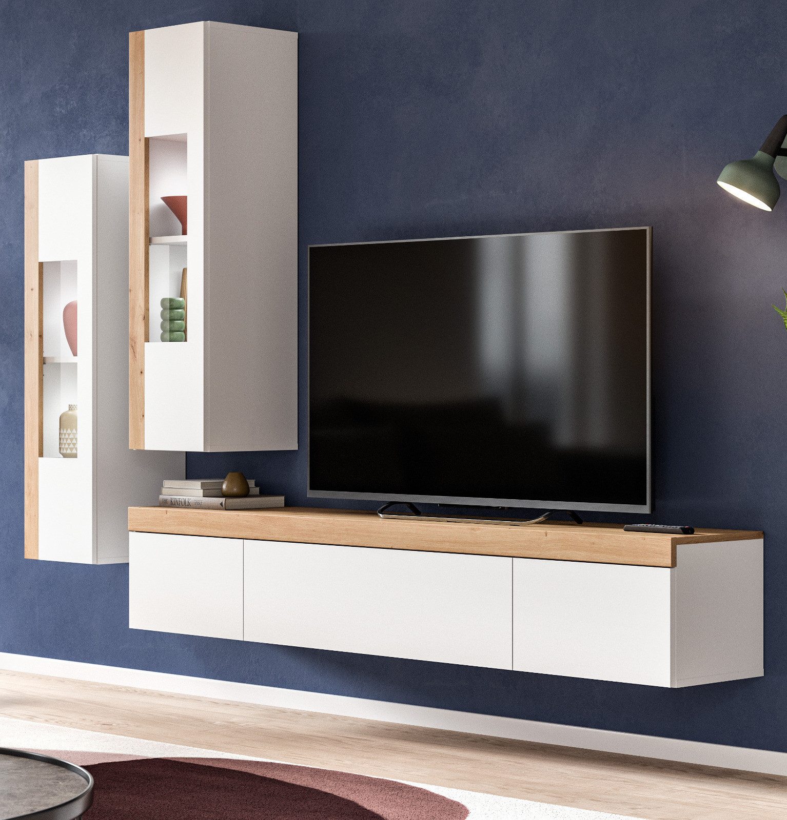Inn.Furn Wohnwand Siena, (Schrankwand in weiß mit Eiche, hängend oder stehend, 270 x 190 cm), mit Push-To-Open und Soft-Close