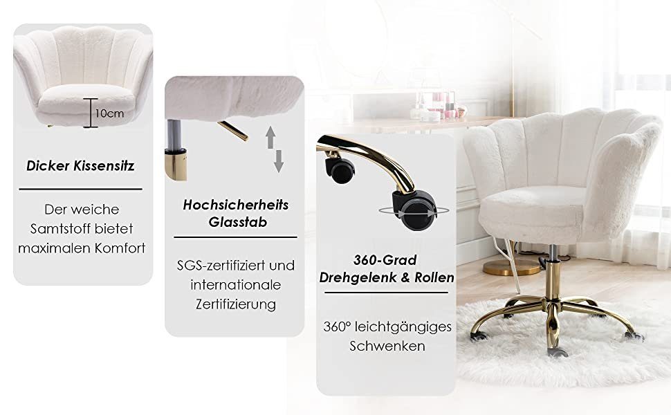 Kunstfell Bürostuhl WAHSON mit Weiß OFFICE Loungesessel CHAIRS Rollen Drehstuhl