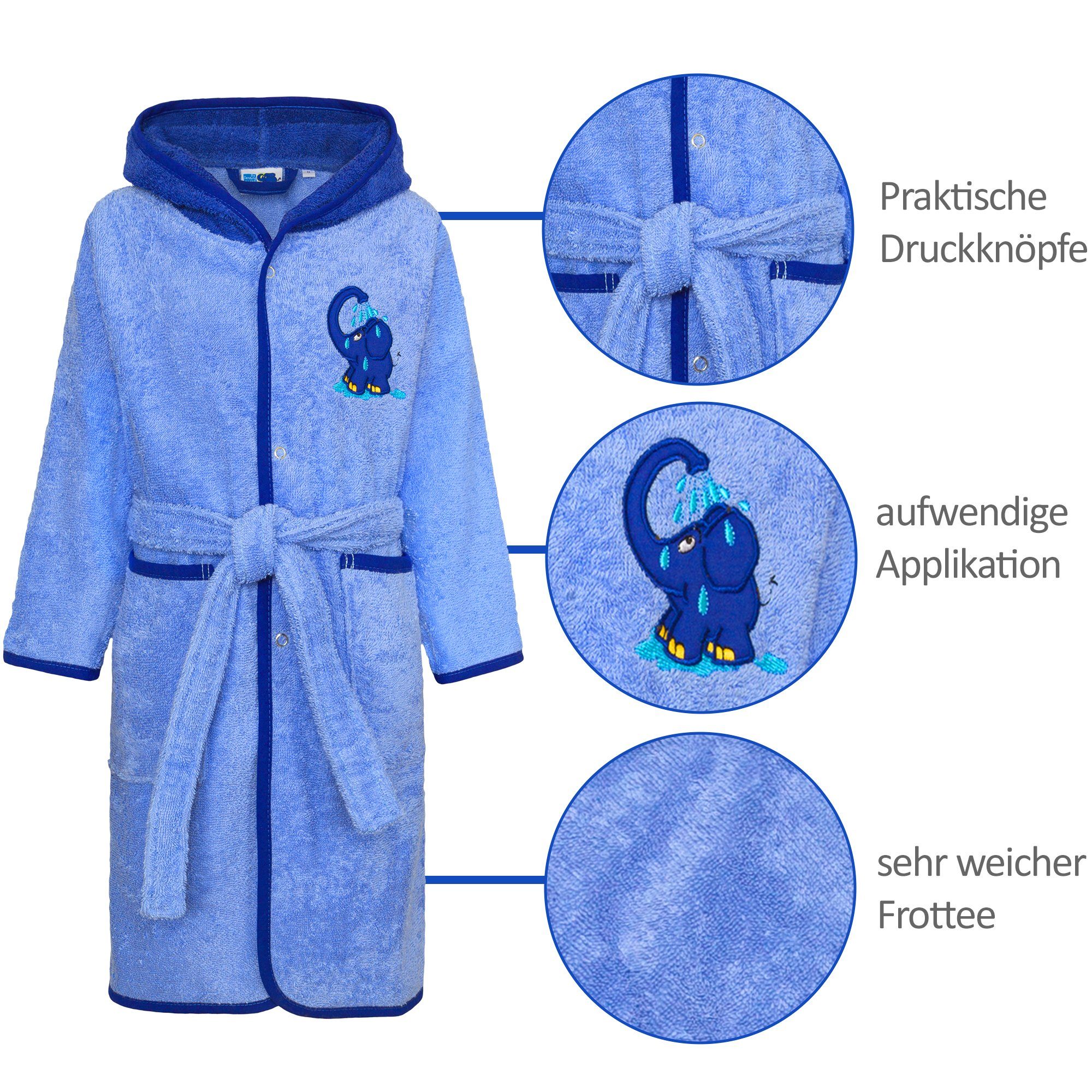 Smithy Kinderbademantel mit blauer Elefant, Gürtel, Frottee, made Knöpfe, Kapuze, Europe in