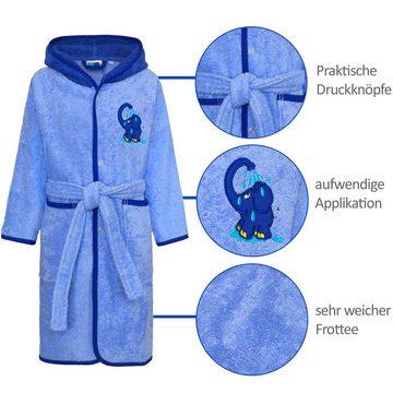 Smithy Kinderbademantel mit blauer Elefant, Frottee, Kapuze, Gürtel, Knöpfe, made in Europe
