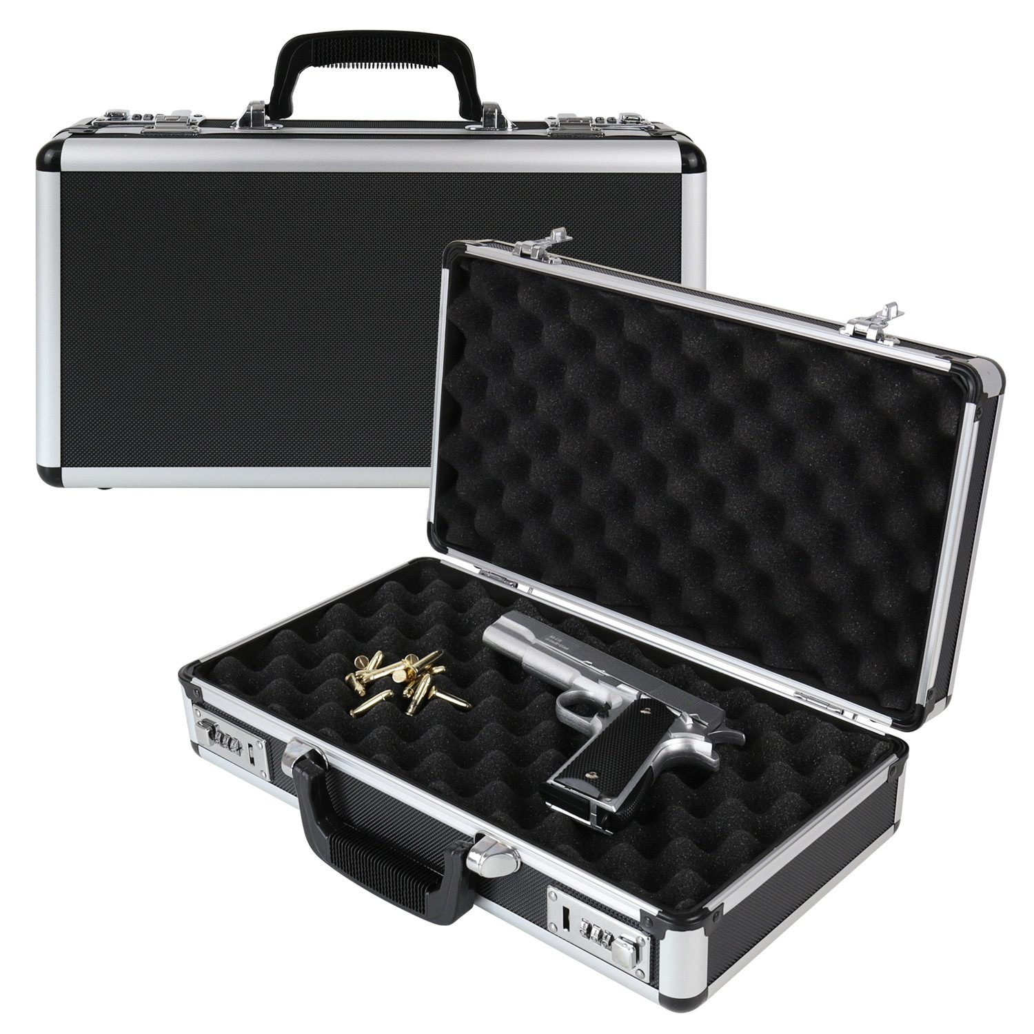 HMF Aufbewahrungsbox Waffenkoffer mit Zahlenschloss, Transportkoffer für Kurzwaffen, Dokumente und Kamera, 42 x 26 x 12 cm, schwarz