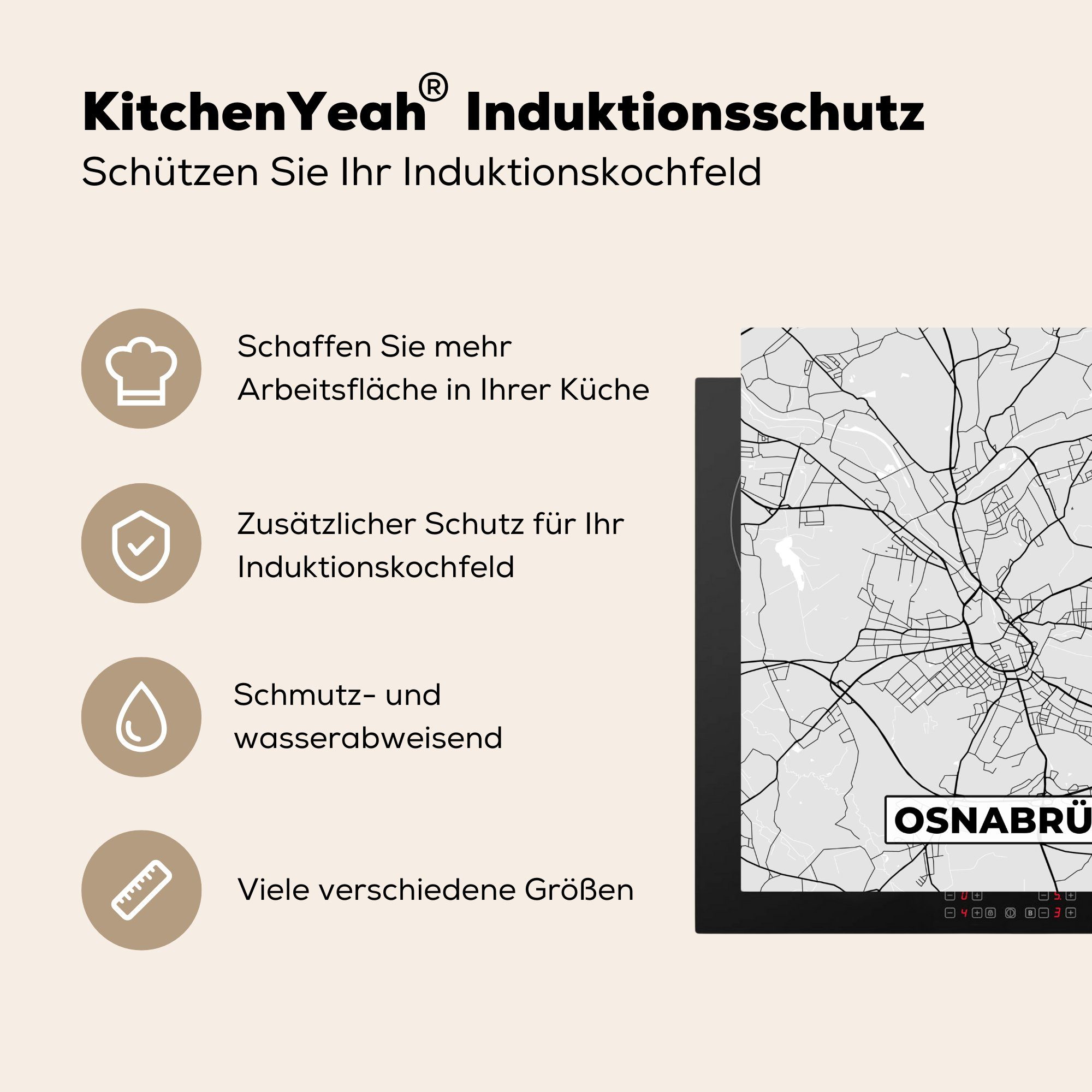 MuchoWow Herdblende-/Abdeckplatte Stadtplan 78x78 Arbeitsplatte cm, küche - - - für (1 Deutschland tlg), Karte Vinyl, Ceranfeldabdeckung, Osnabrück
