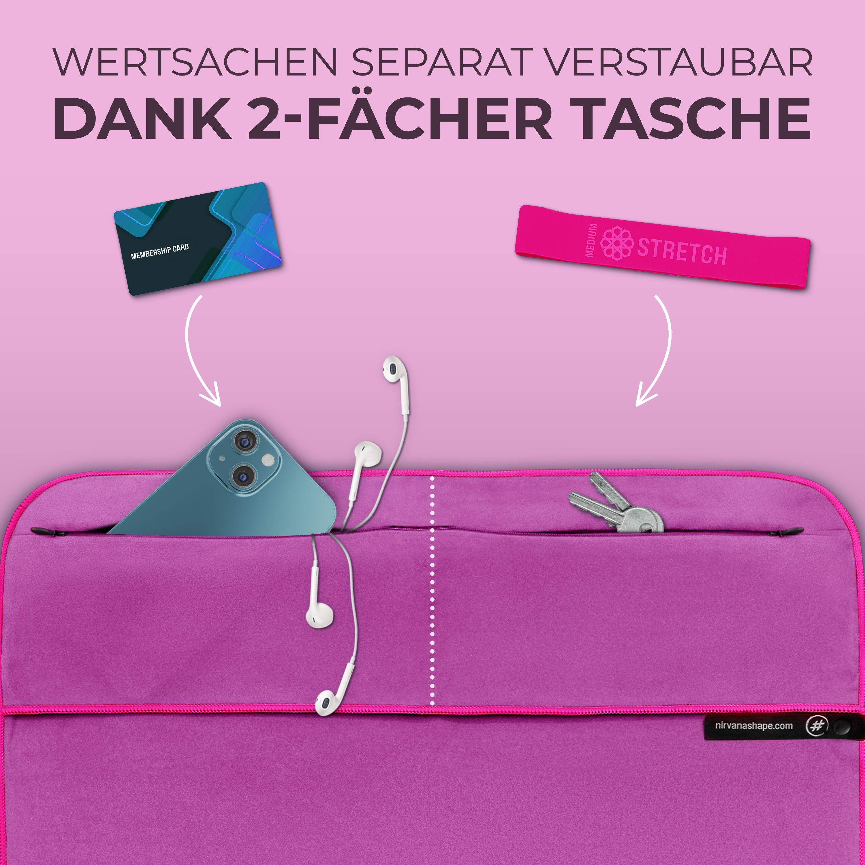 NirvanaShape Sporthandtuch Fitness-Handtuch mit Magnet-Clip, Mikrofaser Sporthandtuch, Microfaser, 2x Reißverschlusstaschen & Funktionaler Geräteüberzug, Ultra-Saugfähig