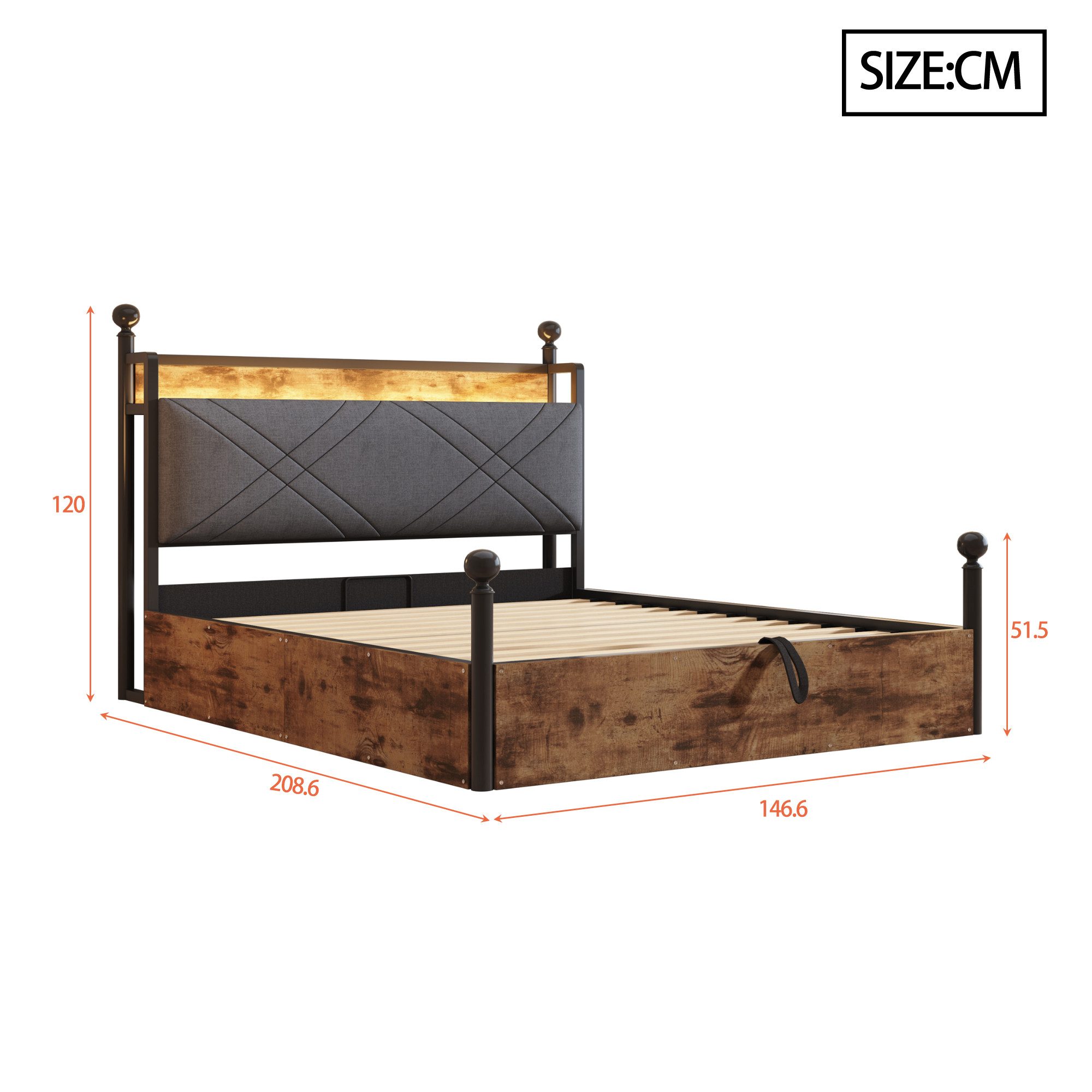 Celya Himmelbett Multifunktionales Doppelbett Jugendbett (ohne Matratze, mit abnehmbaren Bettpfosten mit LED, USB undType-C, mit Stauraum), ideal für moderne Schlafzimmer, Jugendzimmer oder kompakte Wohnungen