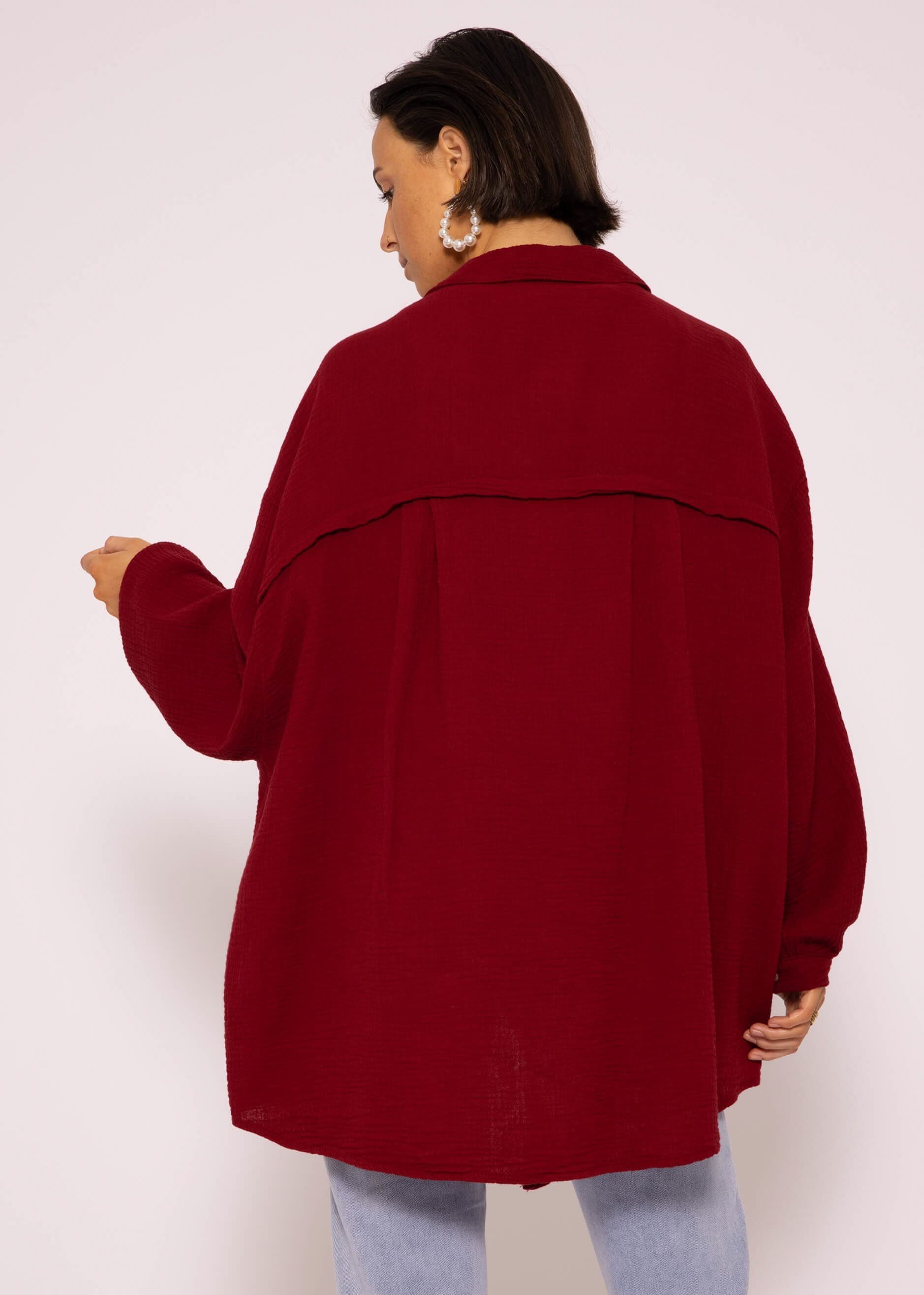Oversize lang mit Size Longbluse Baumwolle Damen SASSYCLASSY One Bluse Langarm V-Ausschnitt, (Gr. Dunkelrot Musselin aus 36-48) Hemdbluse