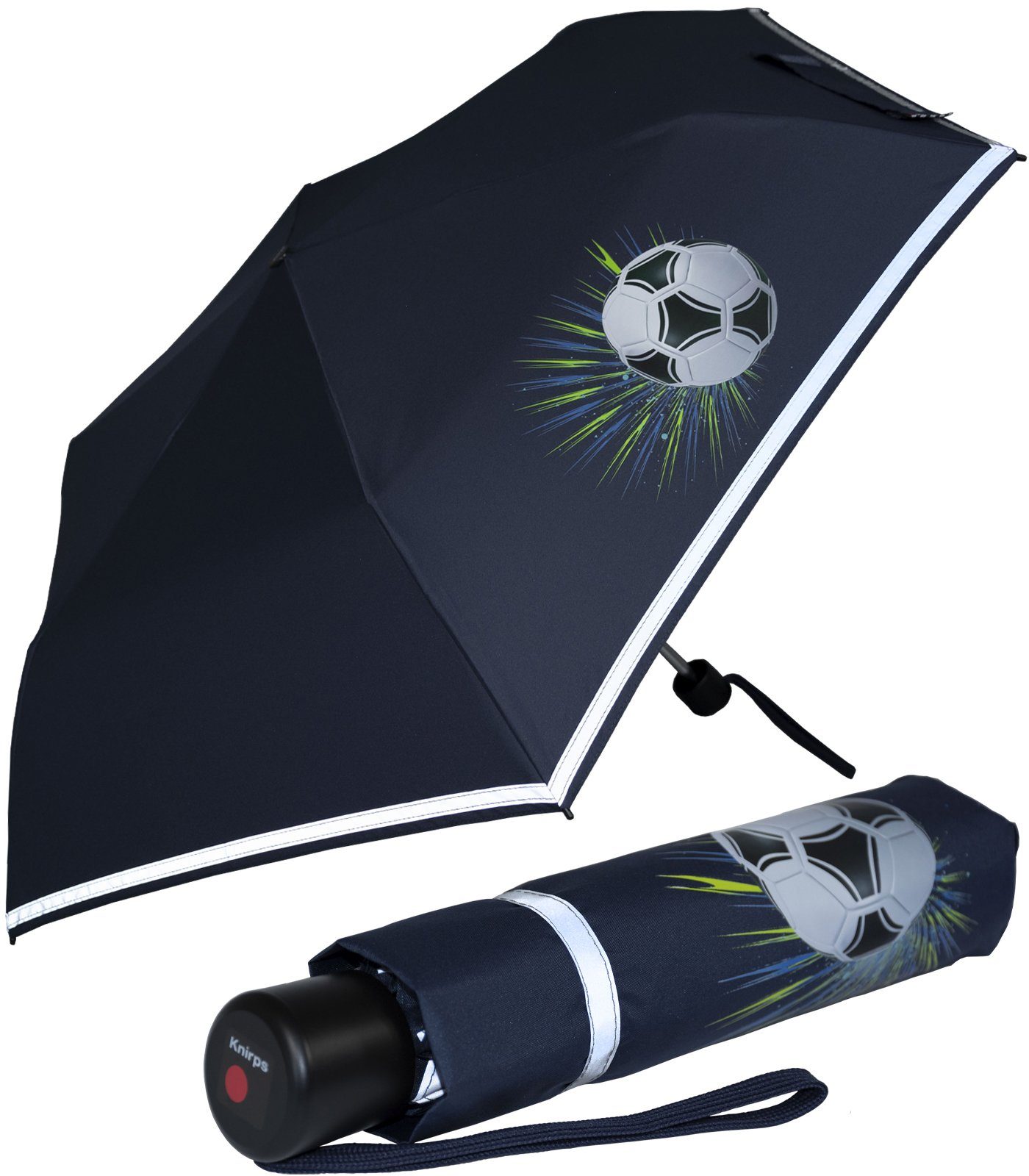 Knirps® Reflexborte, 4Kids Taschenregenschirm mit Kinderschirm dem Fussball, reflective Schulweg, Sicherheit auf white Goal
